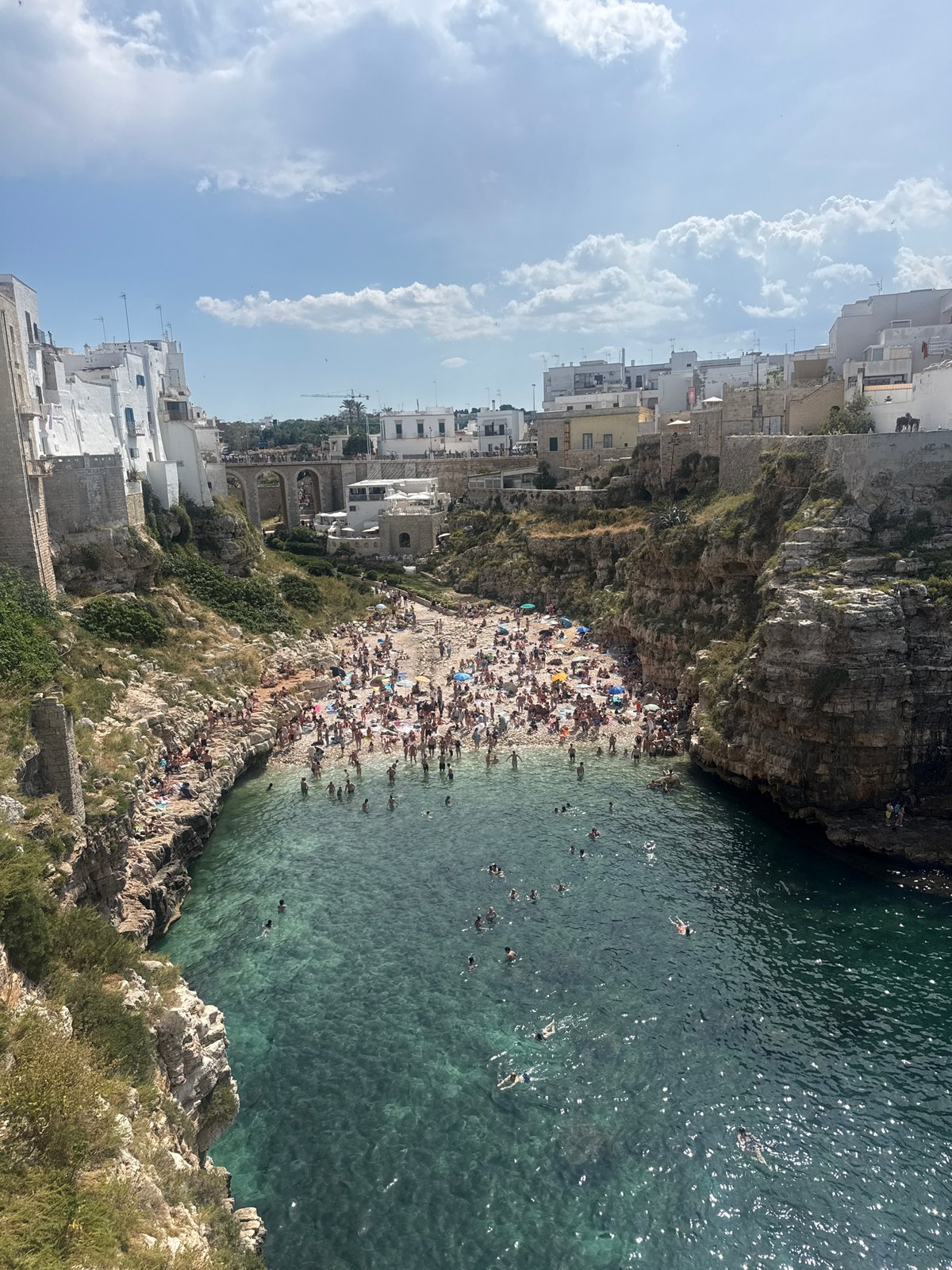 Busy summer day captured at Polignano a Mare beaches
