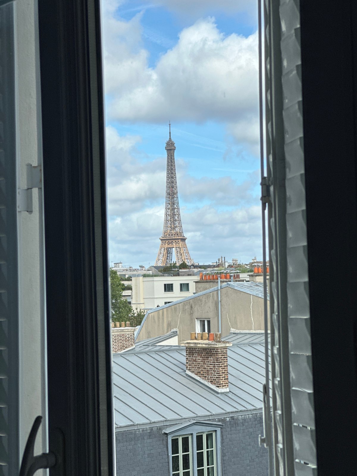 Morning Paris cityscape views captured from elevated positions show Eiffel Tower
