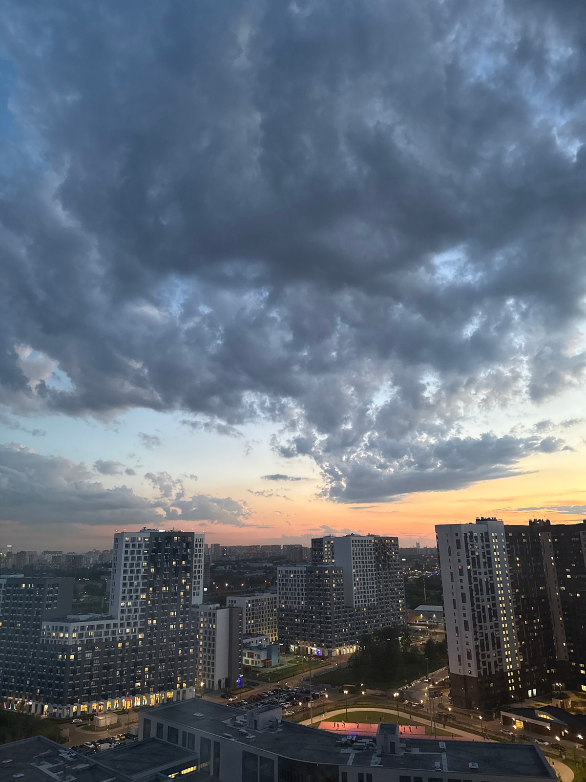 Dramatic sunset documented over Lyubertsy cityscape from high vantage point