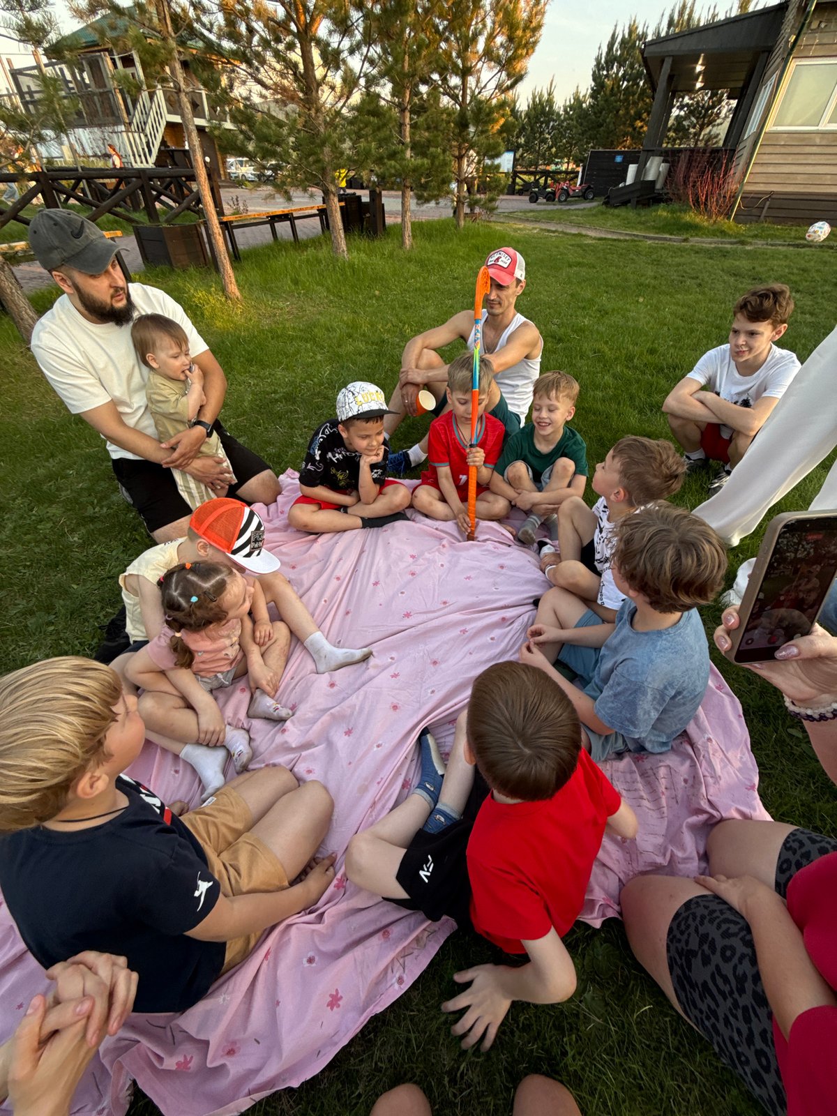 Community picnic with fruit and pies in Кузнецово, Russia