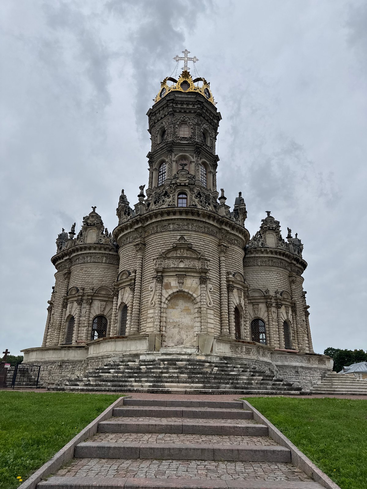 Baroque church in Dubrovitsy, multiple angles on a cloudy morning