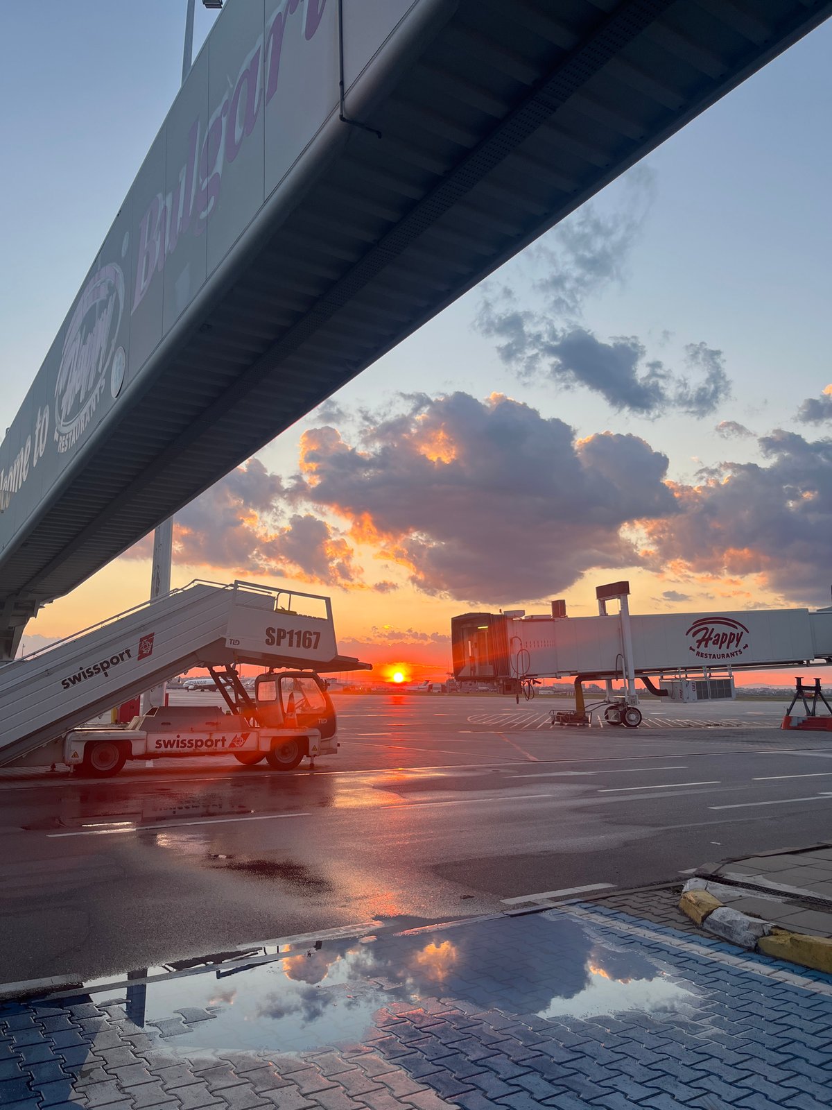 Sunset captured at Sofia Airport during evening operations