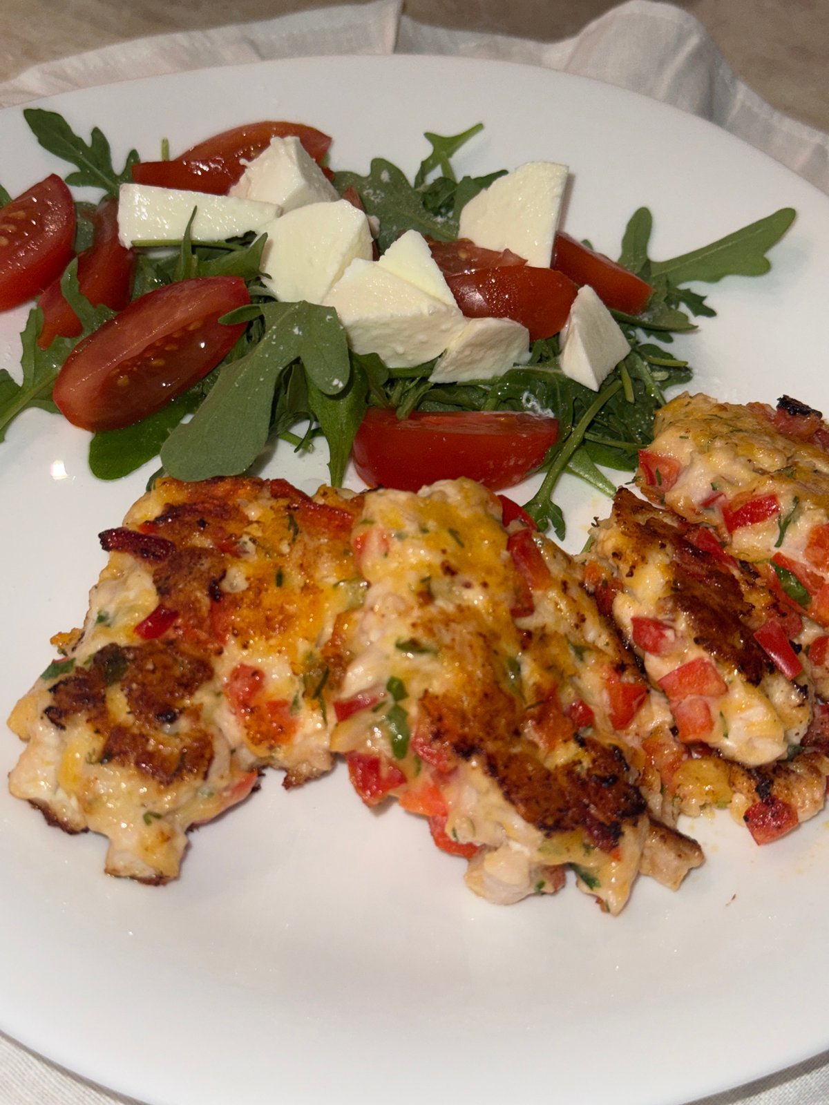 Home-cooked chicken and pepper patties served in Sirius, Russia