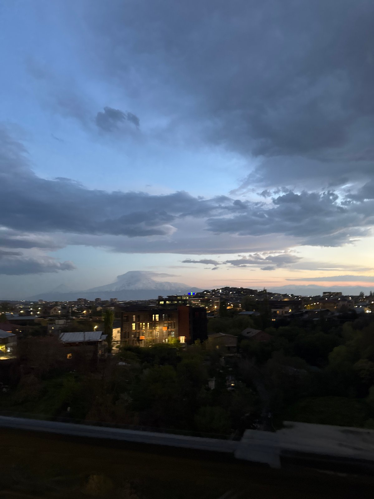 Twilight cityscape observed from elevated view in Yerevan