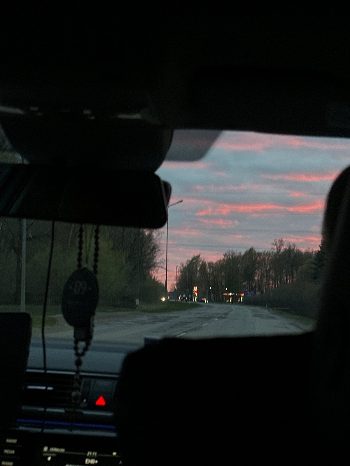 Evening drive captured along tree-lined road in Jelgava, Latvia