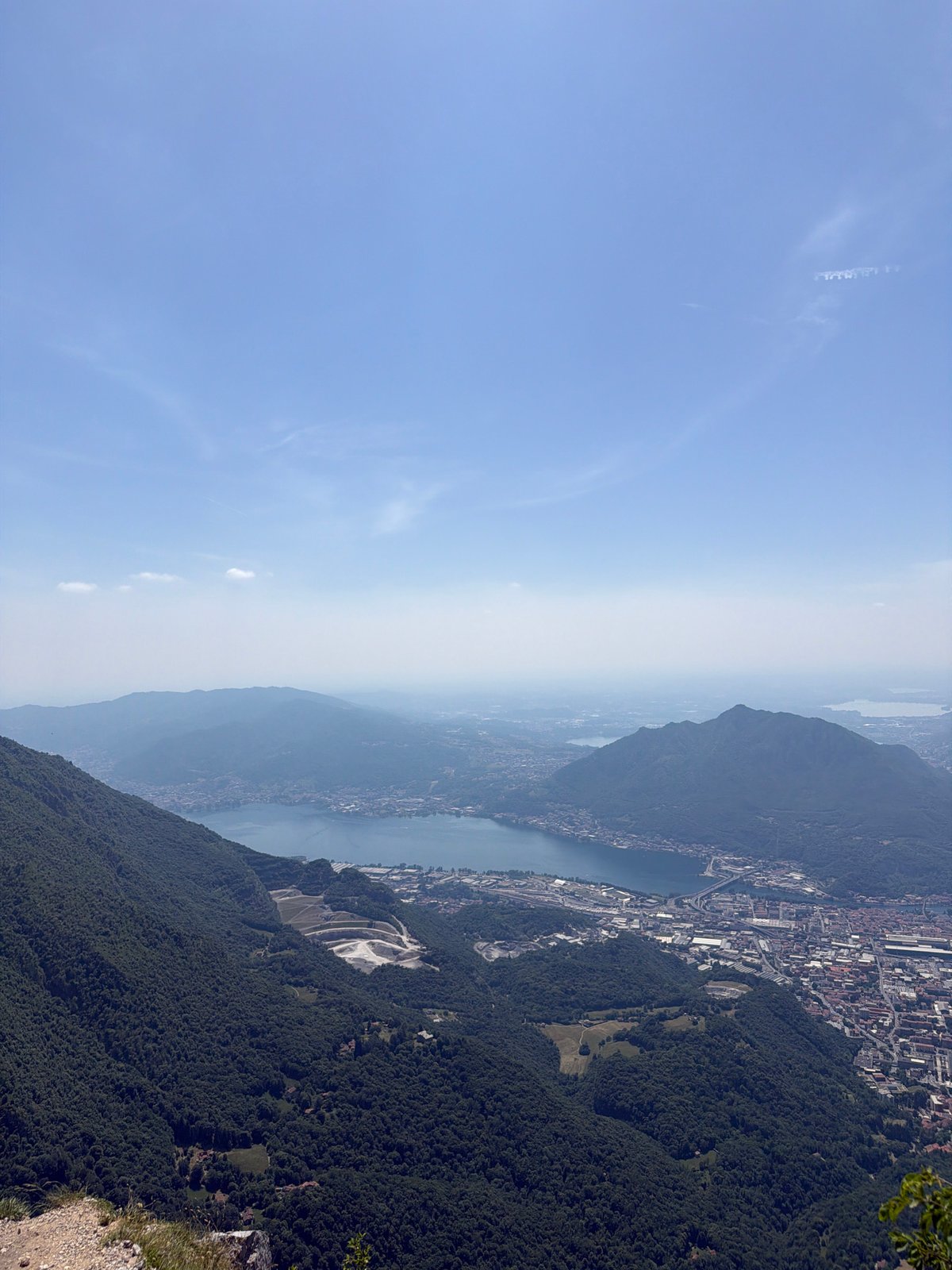 Aerial view captured of Lecco, Italy mountainous landscape