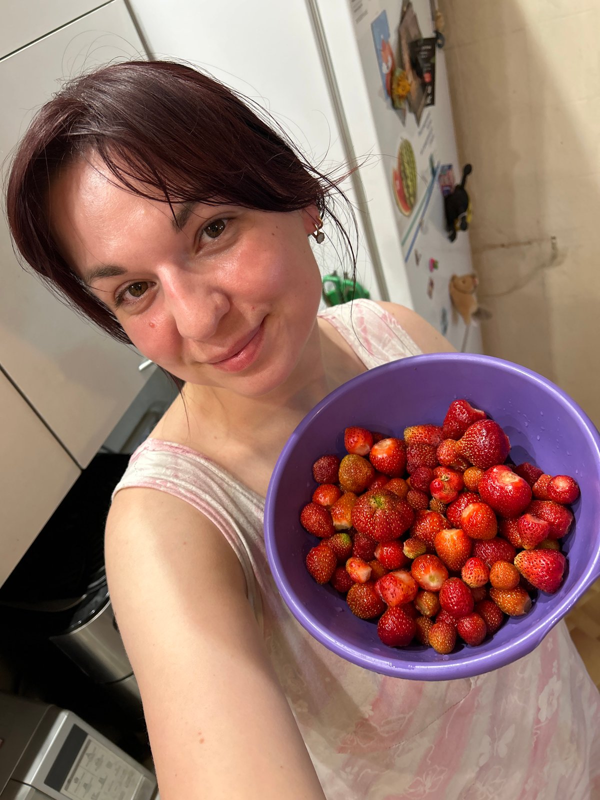 Strawberries and watermelon, goofing around in a Russian kitchen