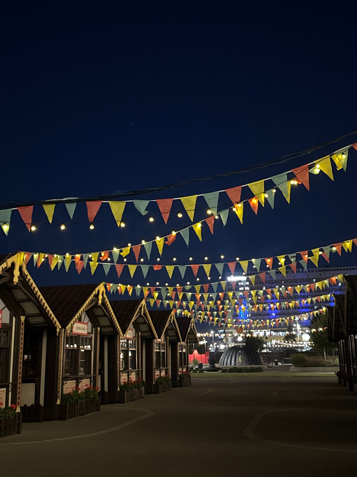 Nizhny Novgorod Fairgrounds lit up on a summer night