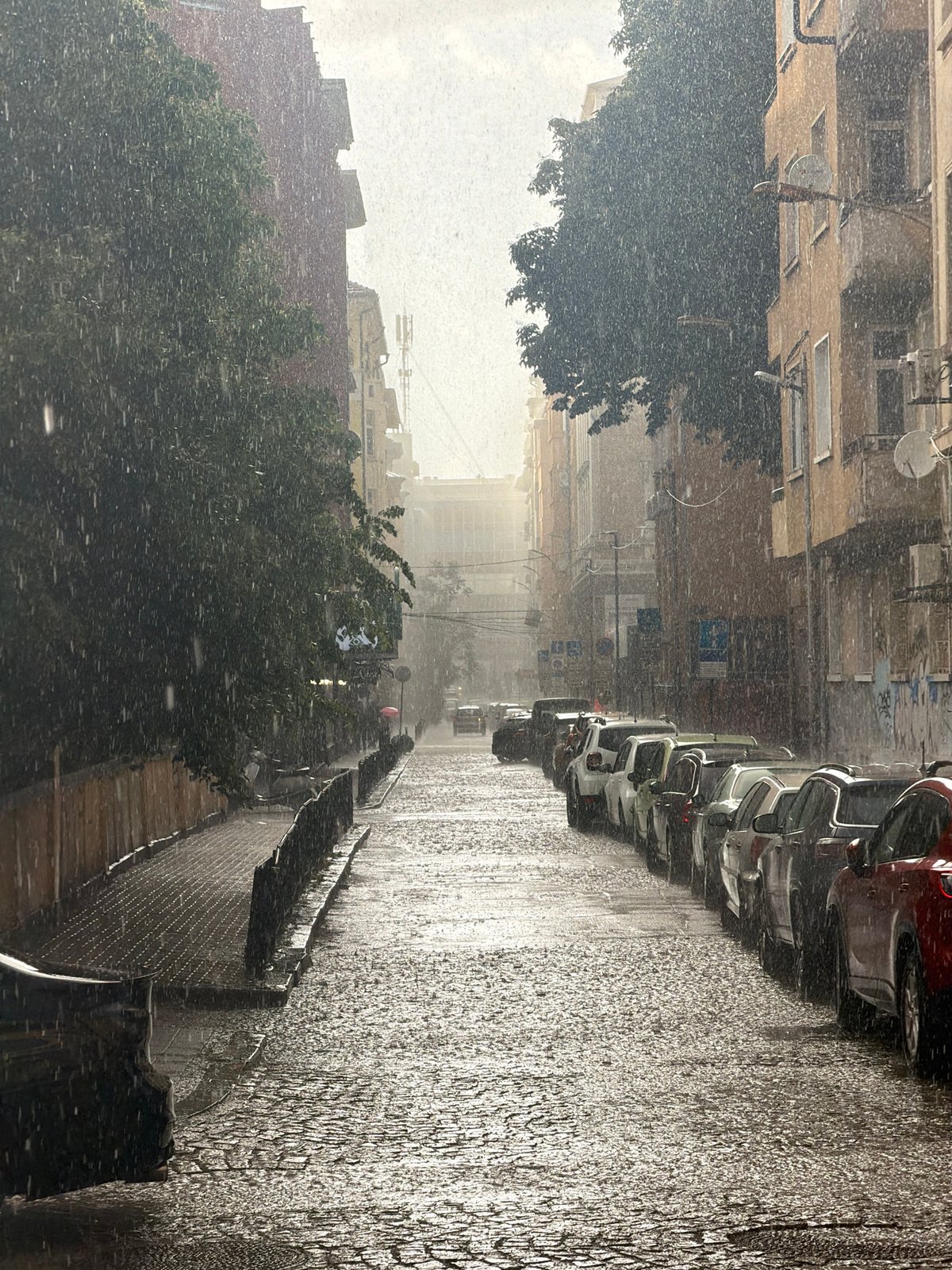 Heavy downpour drenches Sofia streets, pedestrians seek umbrella cover