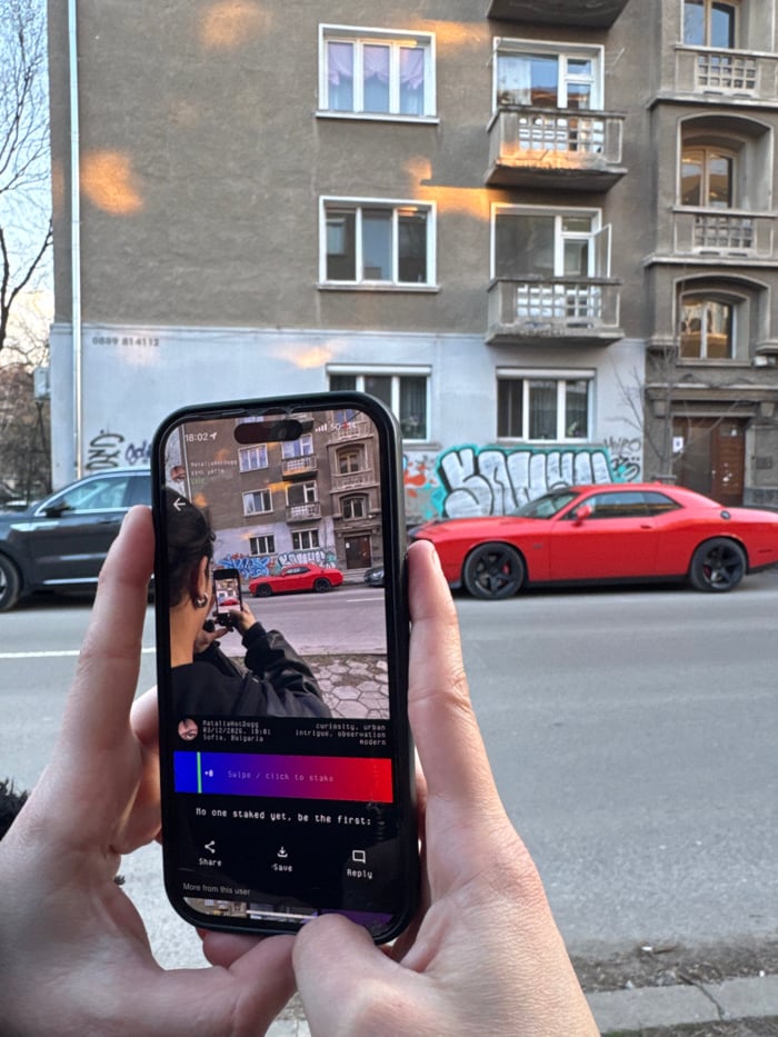 Tourist documents brief smartphone walking tour through Sofia streets