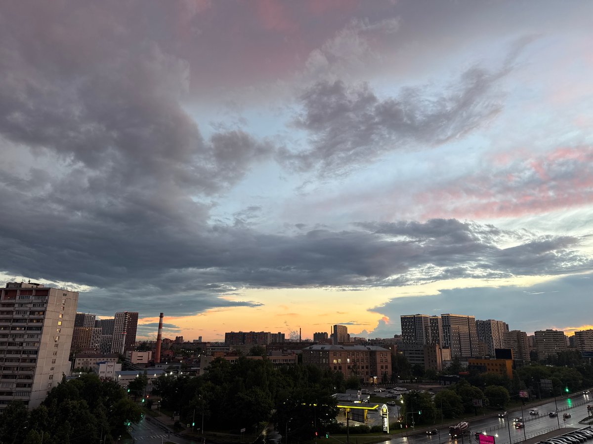 Post-storm sunset lights up Pushkino streets and skyline