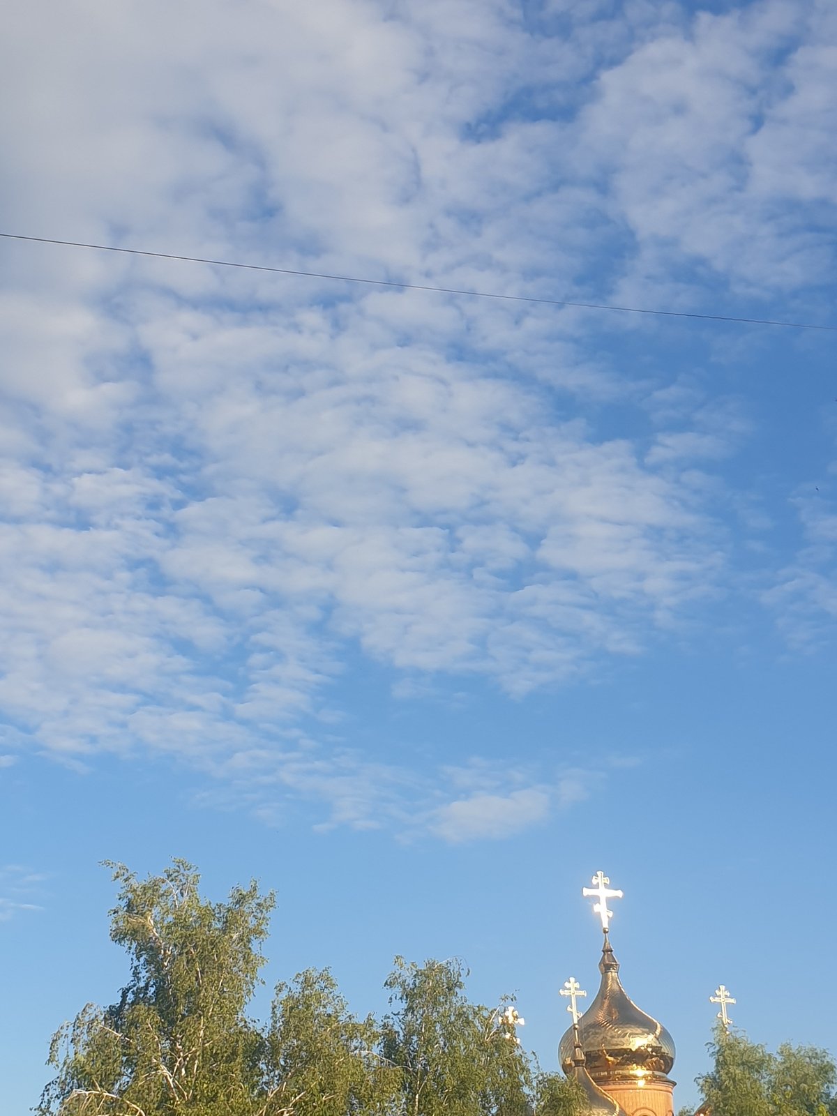 Golden Orthodox church dome glinting above the trees in Obukhiv