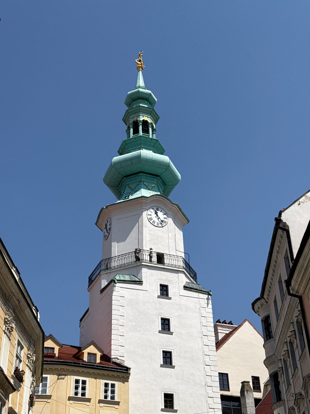 Low-angle views of Bratislava's Old Town Hall Tower on a clear day