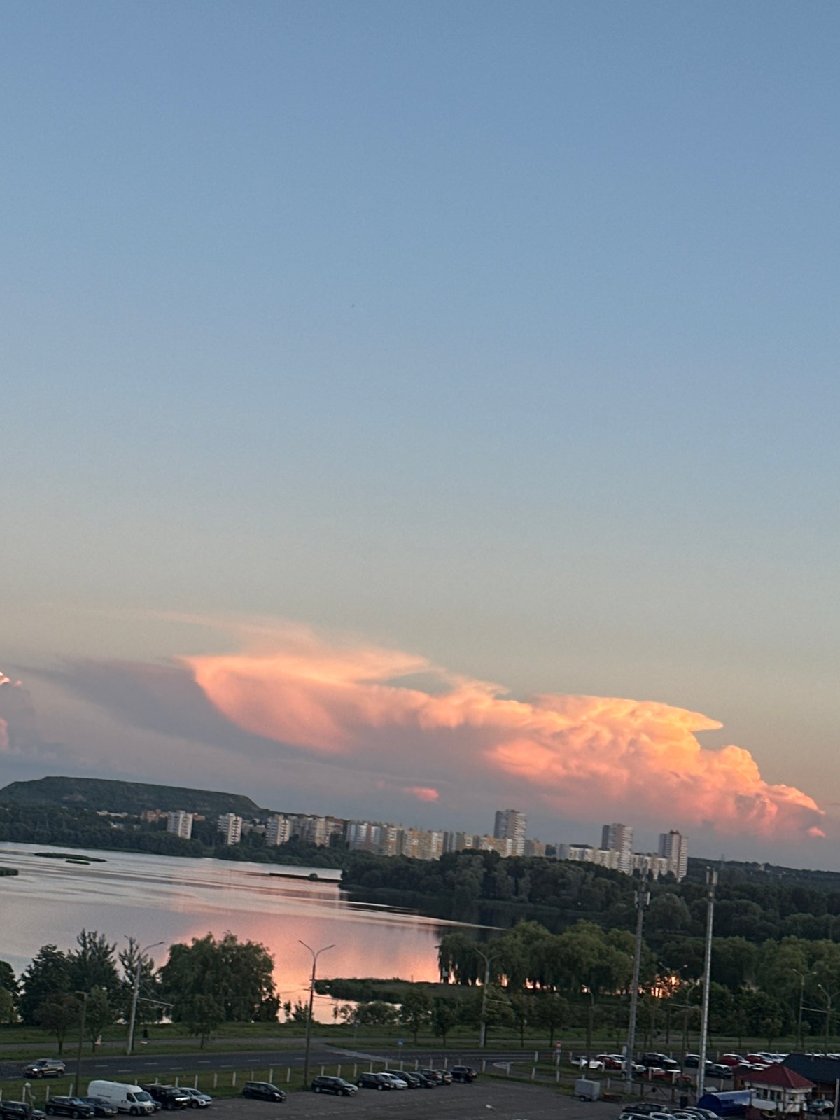 Sunset over the Svislach River, Minsk, crescent moon rising