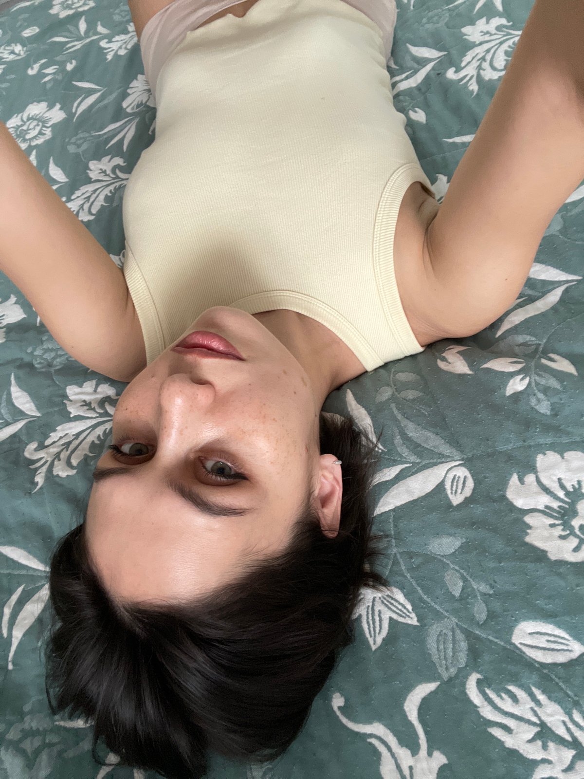 Woman takes morning selfies at home in Izhevsk