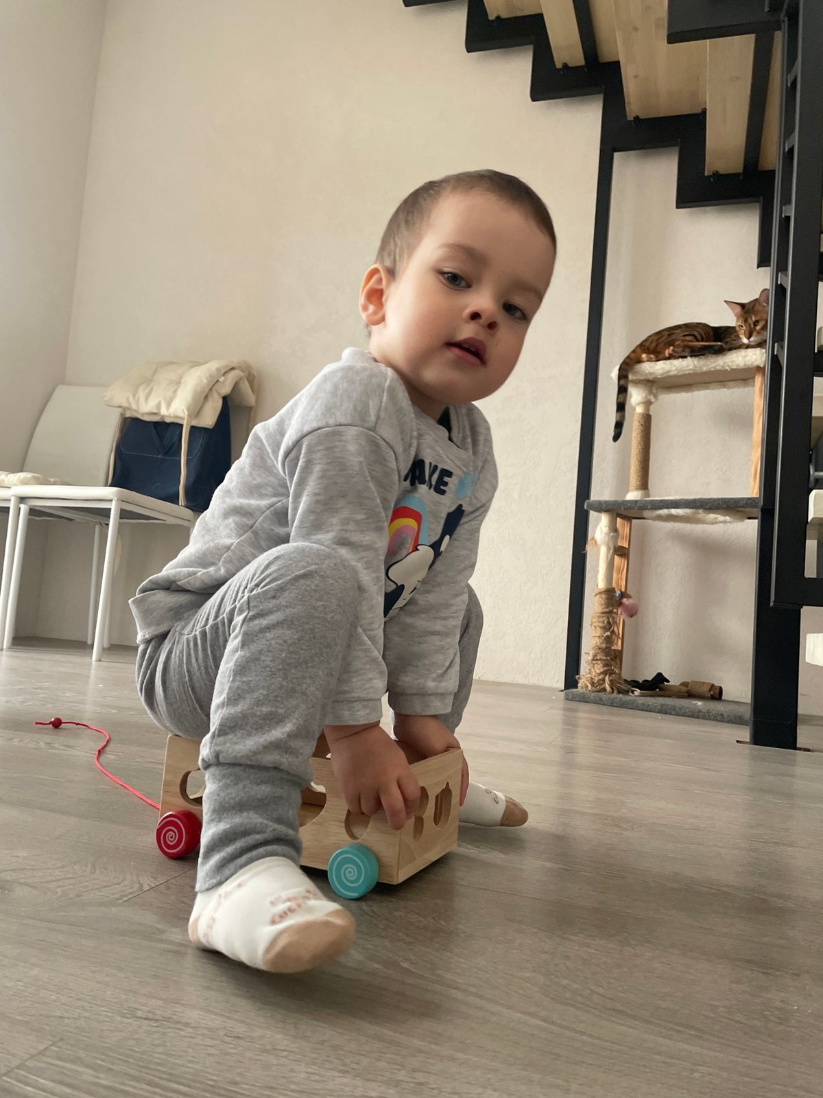 Toddler's early morning playtime documented in foggy Izhevsk