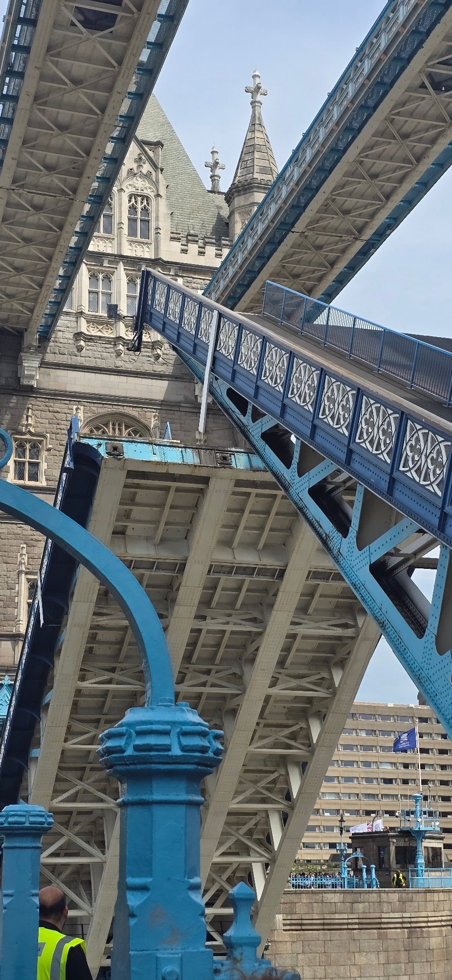 Tower Bridge bascules raised during Thames river traffic passage