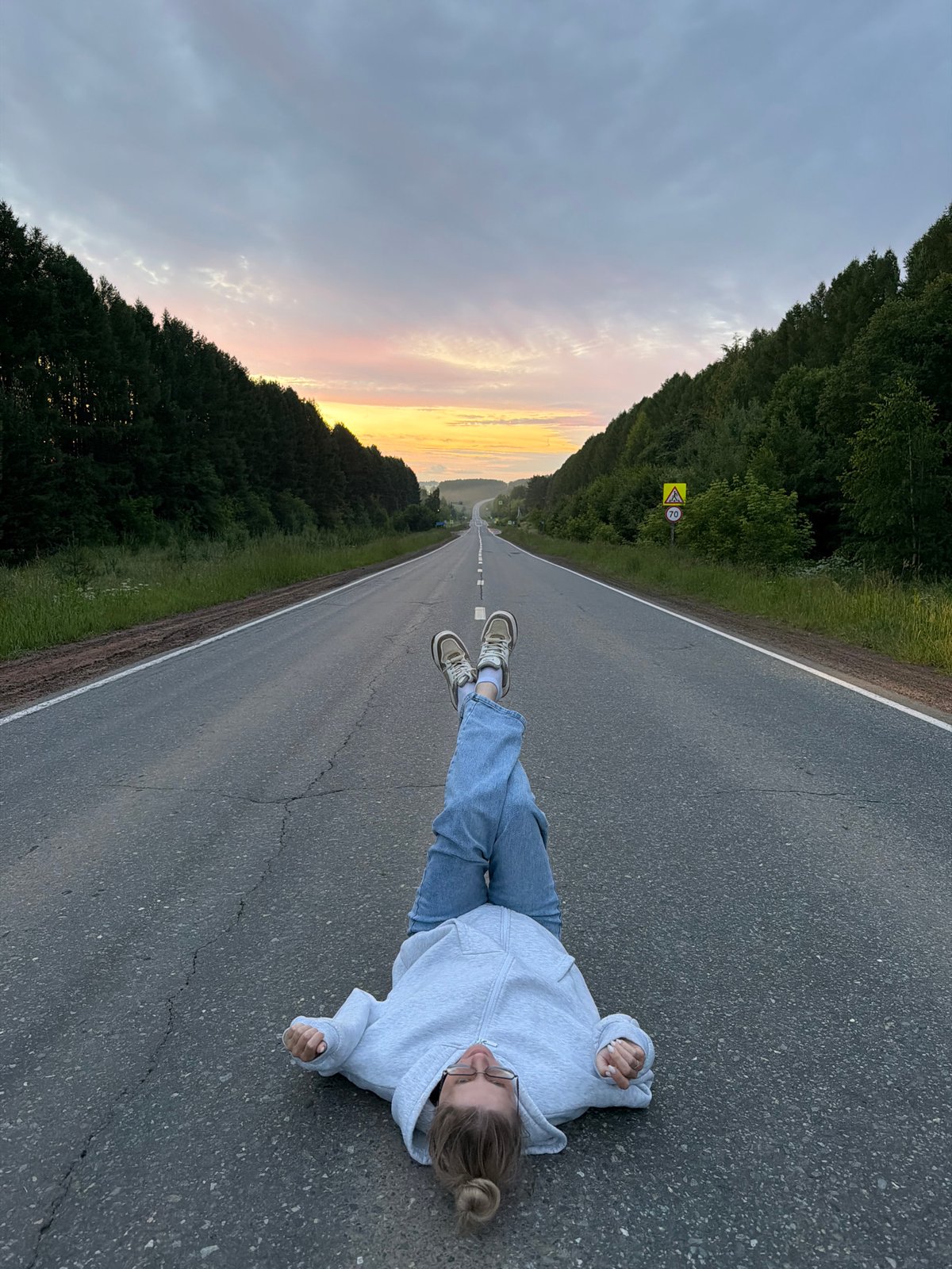 Jump tricks and sunset poses on a rural Russian road