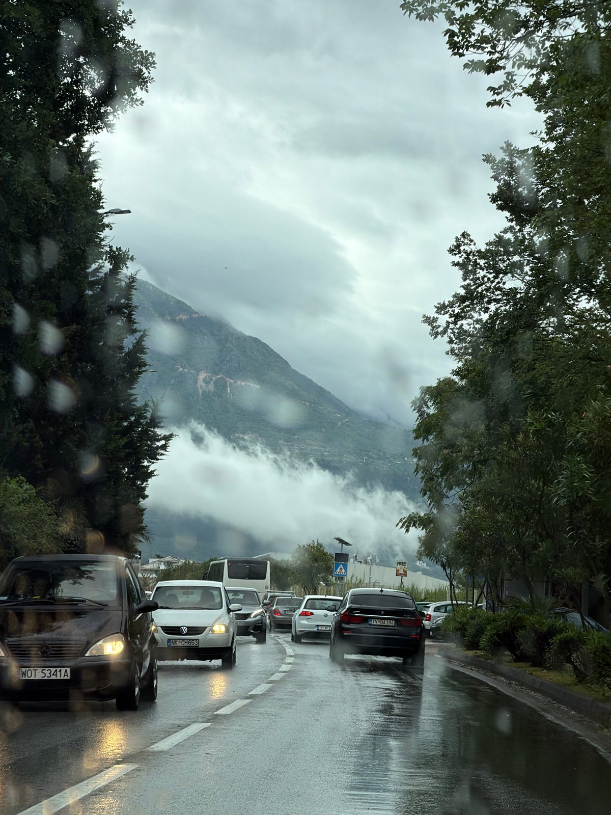 Traffic jam clogs wet roads during rainfall in Tivat