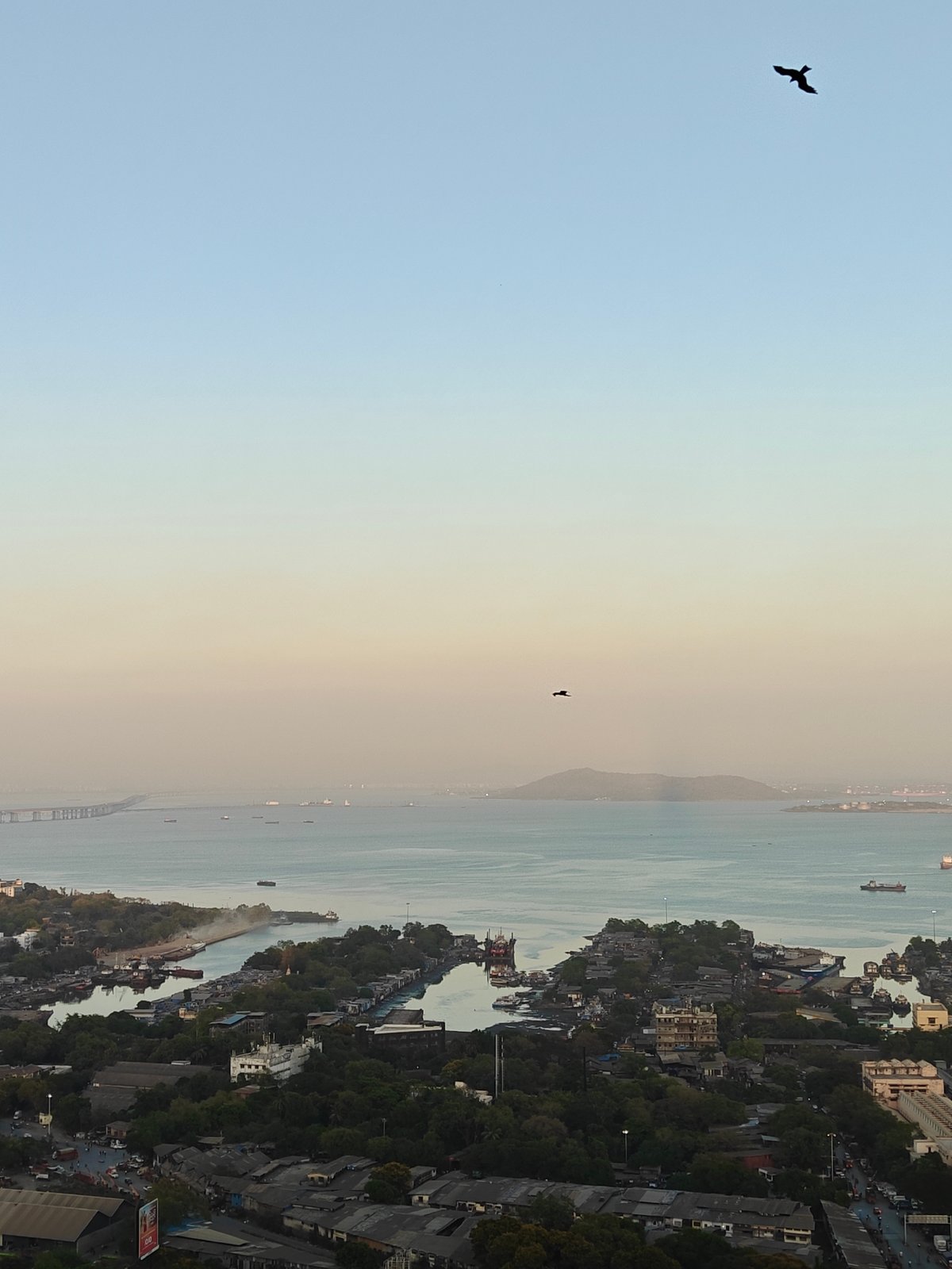Aerial view captures Mumbai's coastal cityscape under hazy afternoon sky