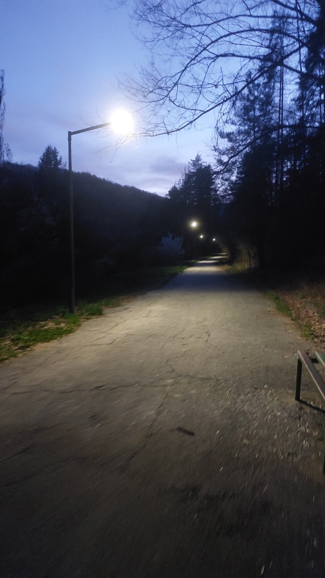 Illuminated pedestrian path captured at night in Gabrovo, Bulgaria