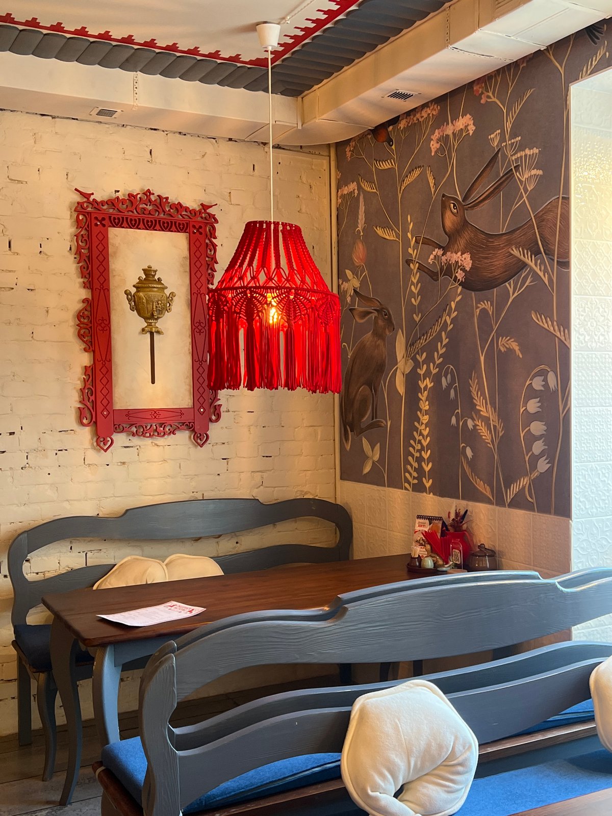 Inside a Chelyabinsk restaurant, then out to a blooming city park