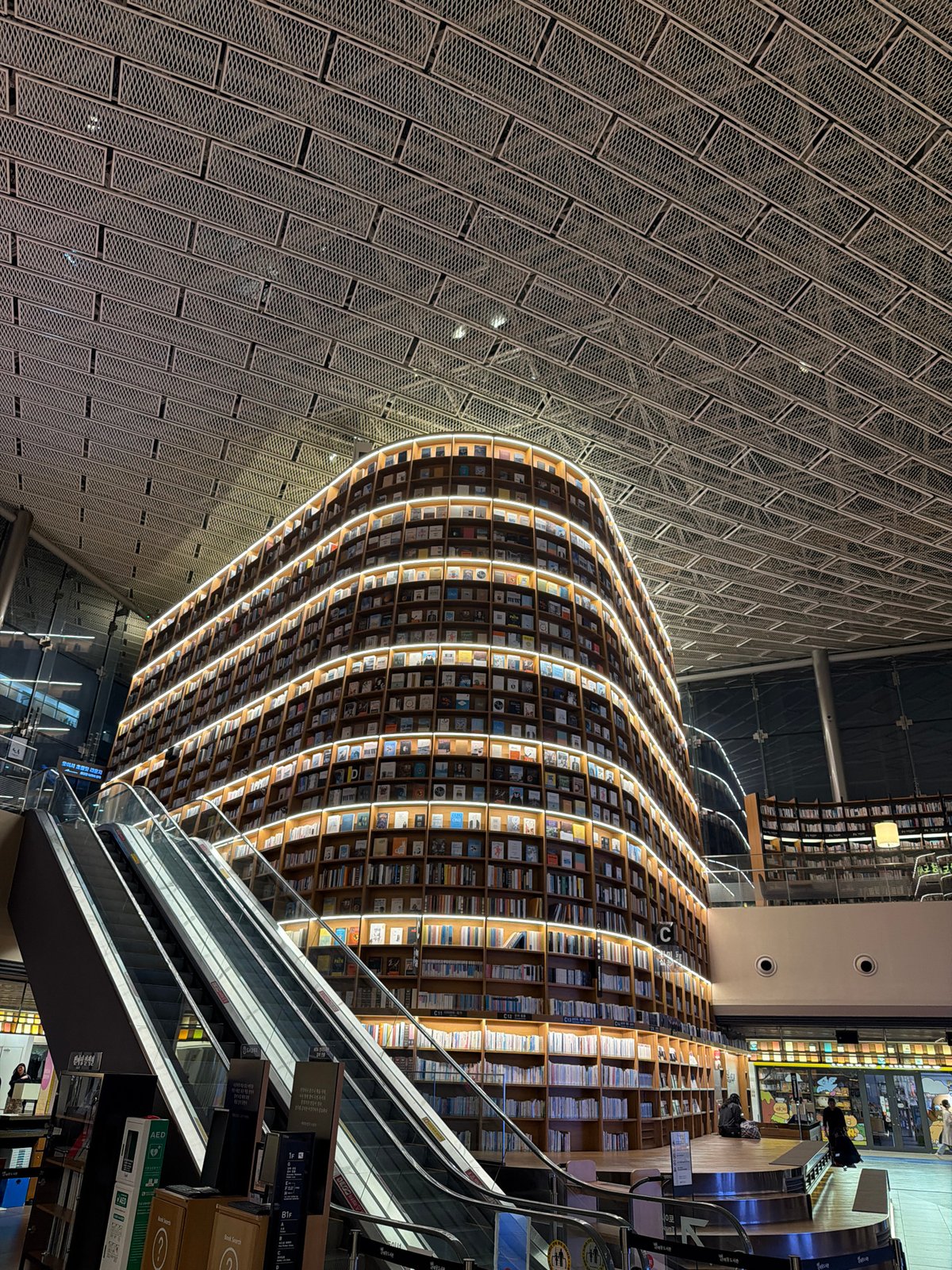 Visitor photographs iconic curved bookshelves at Seoul's Starfield Library