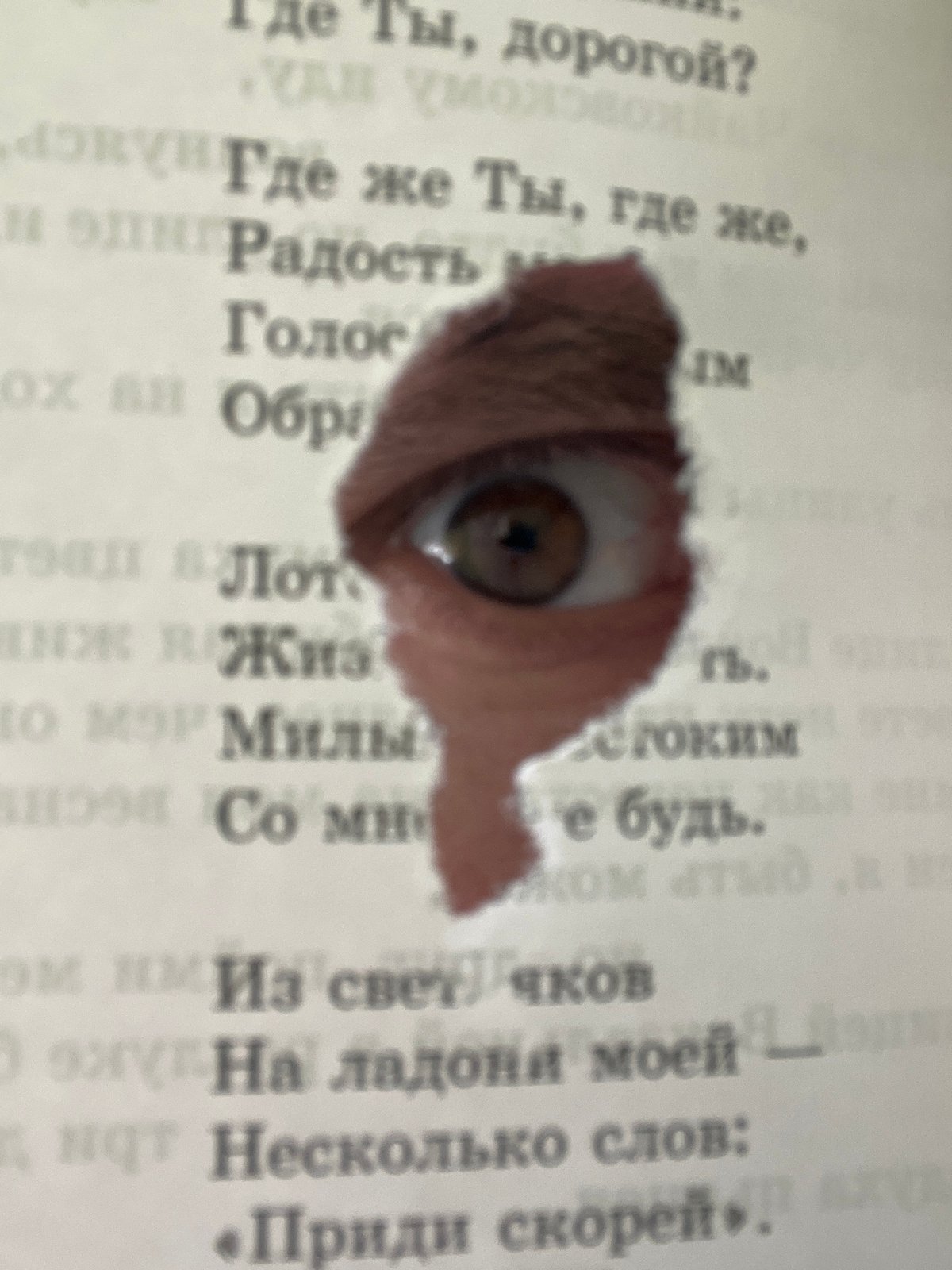 Eye peers through torn Russian document in Chaikovsky