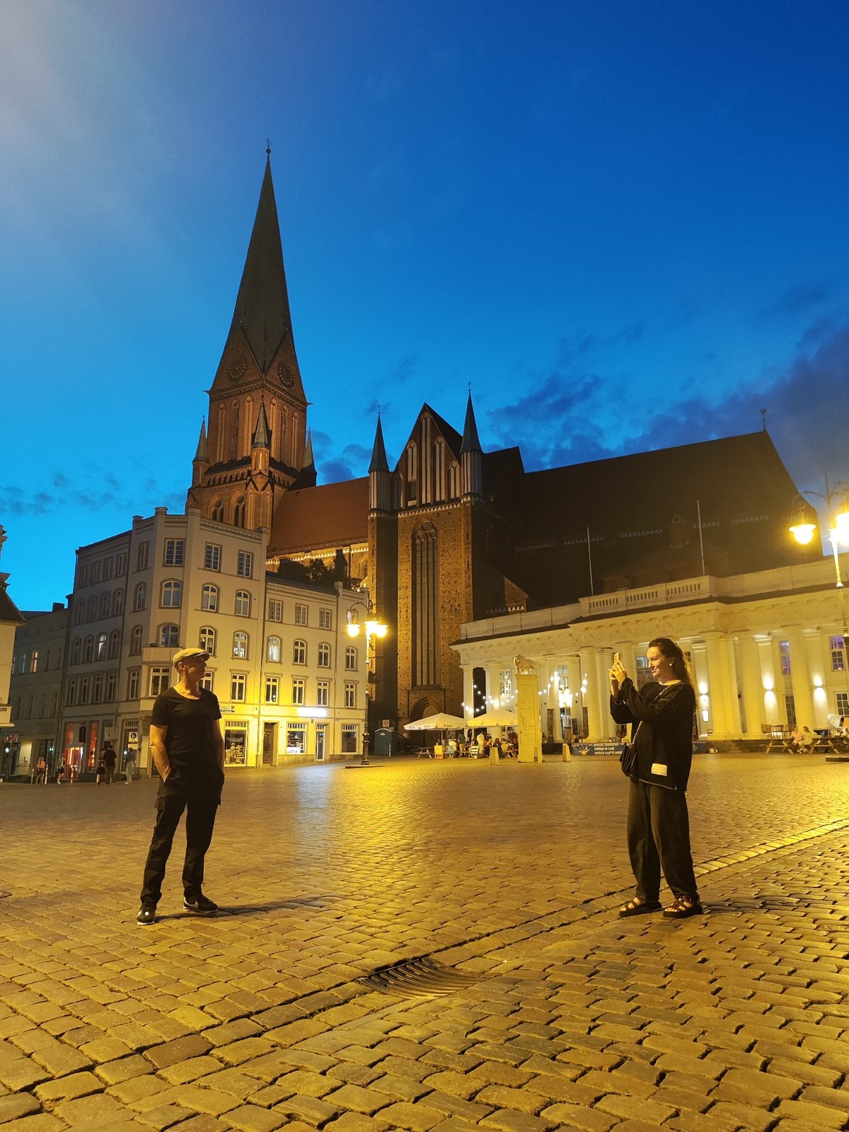 Schwerin's old town at golden hour into night