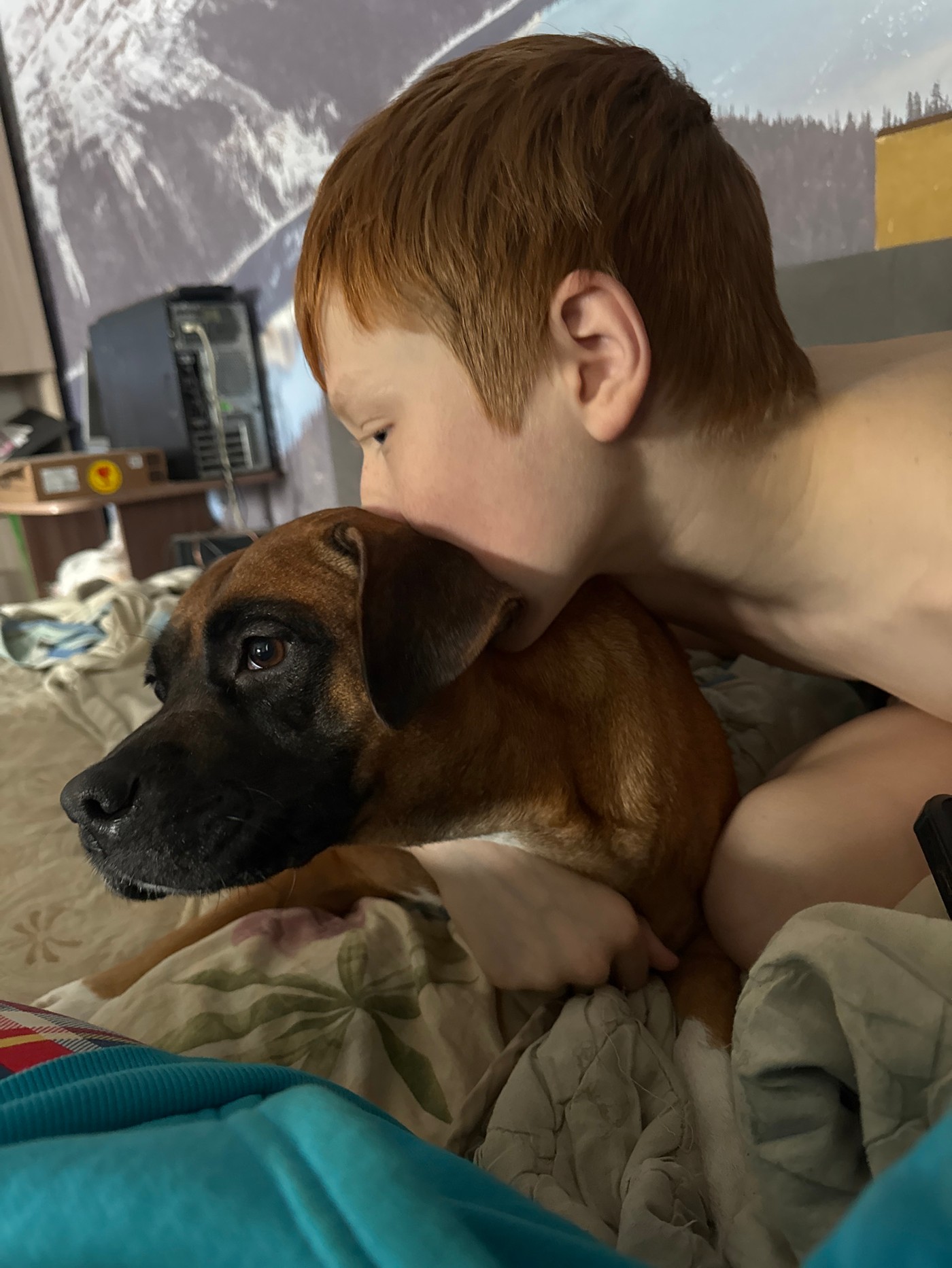 Child and dog share quiet morning moments in Russian home