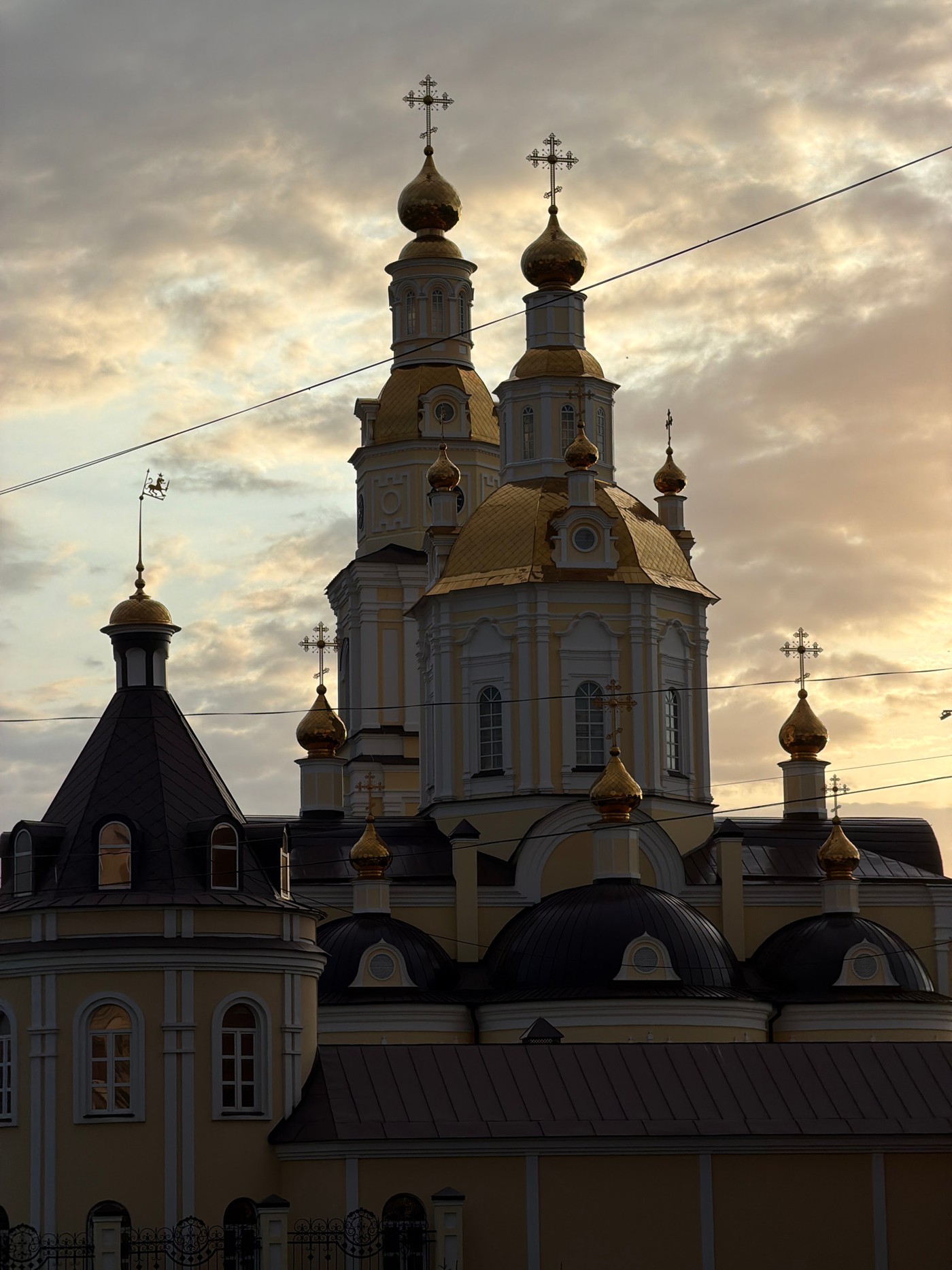 Cathedral and companion dog observed in Ulyanovsk afternoon
