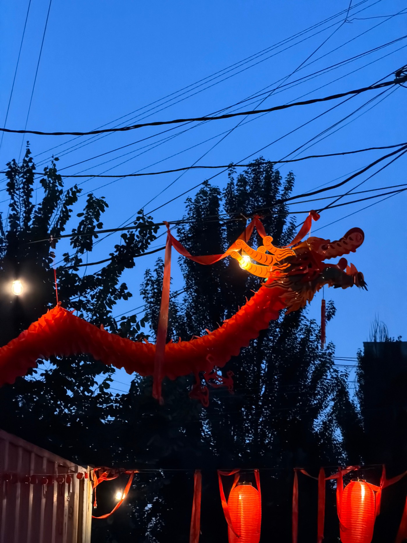 Red lanterns and a dragon float illuminate Bishkek at dusk