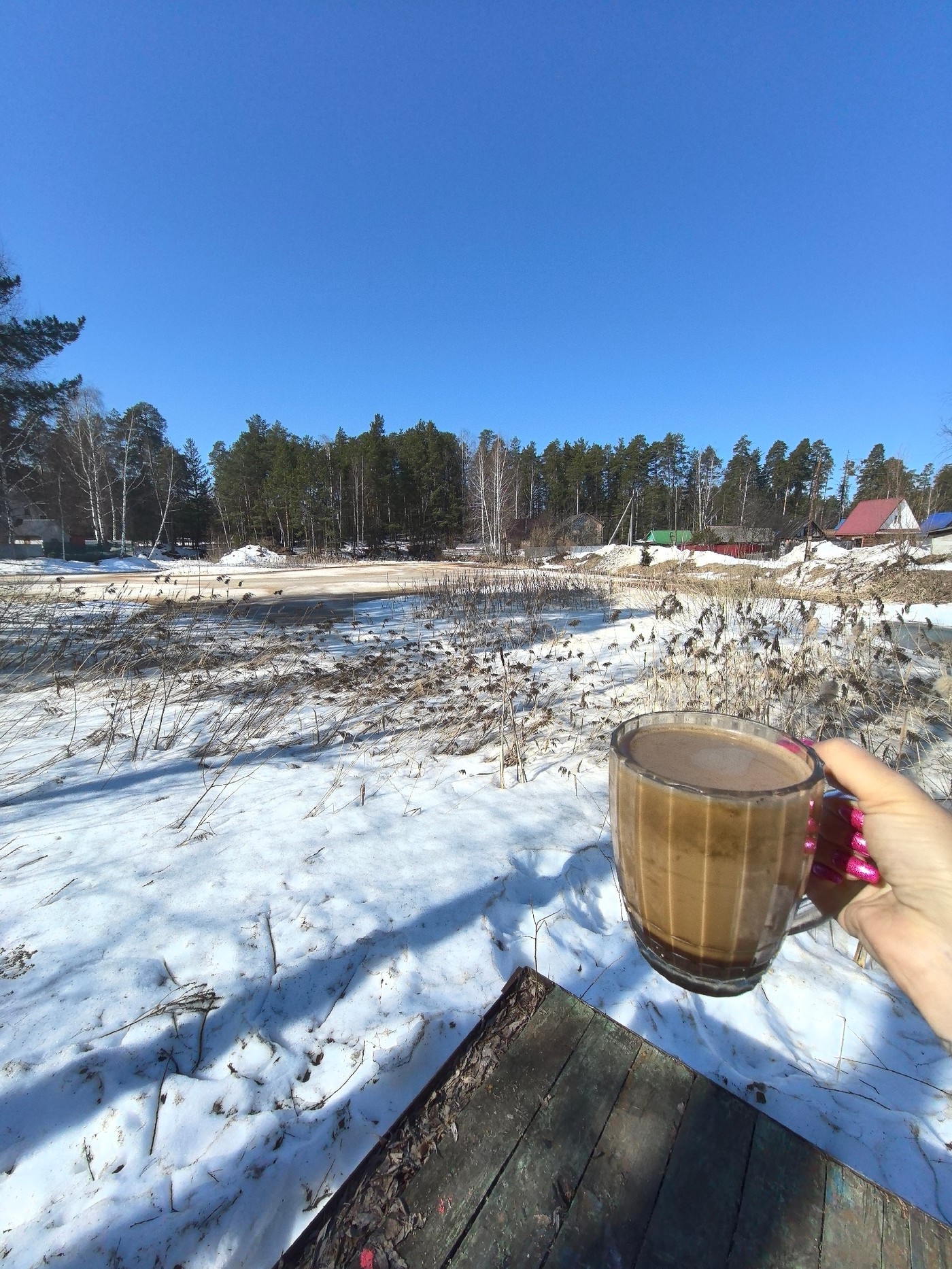 Woman with bulldog enjoys coffee outdoors in snowy Russia