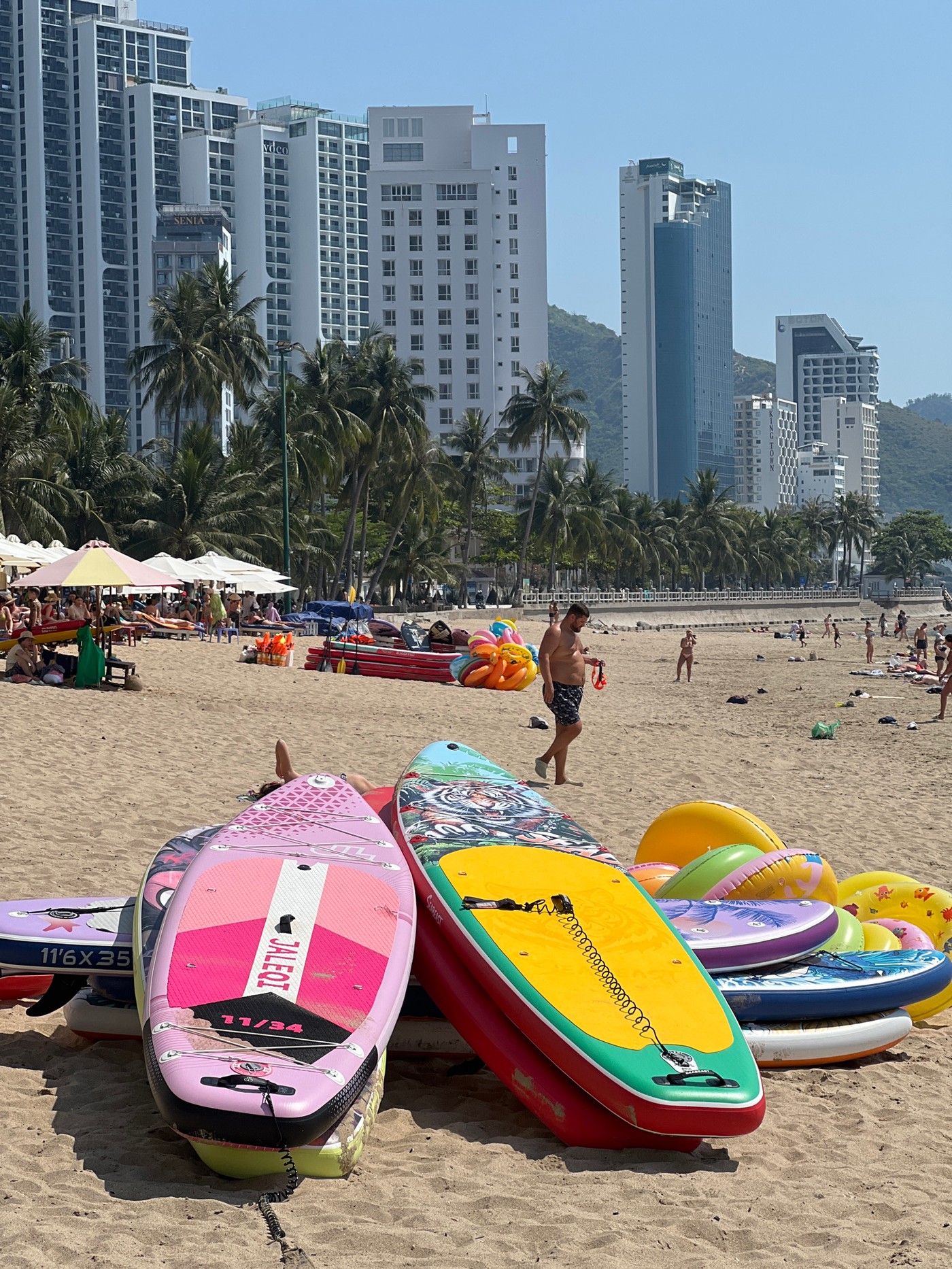 Nha Trang beach day: swimmers, sun gear, and a golden retriever