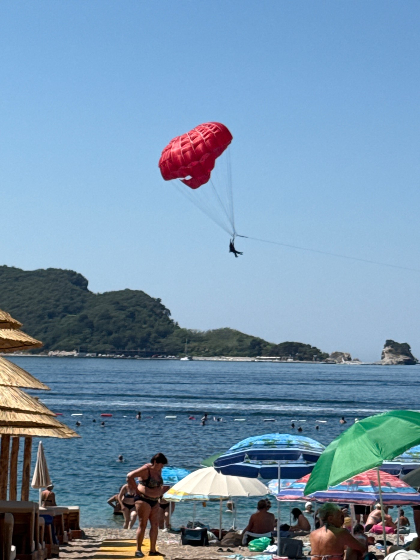 Busy summer morning at Matinée Beach, Budva