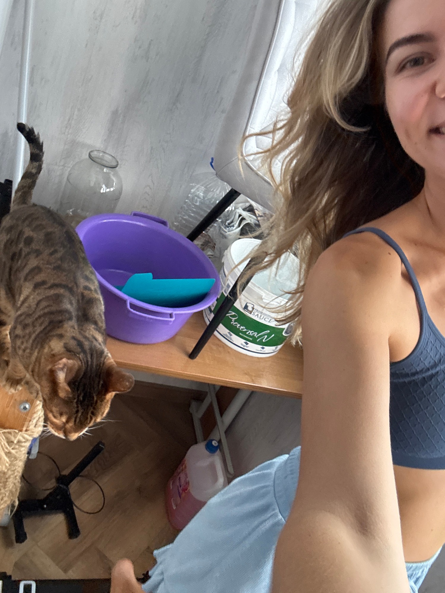 Morning treadmill session at home, cat included