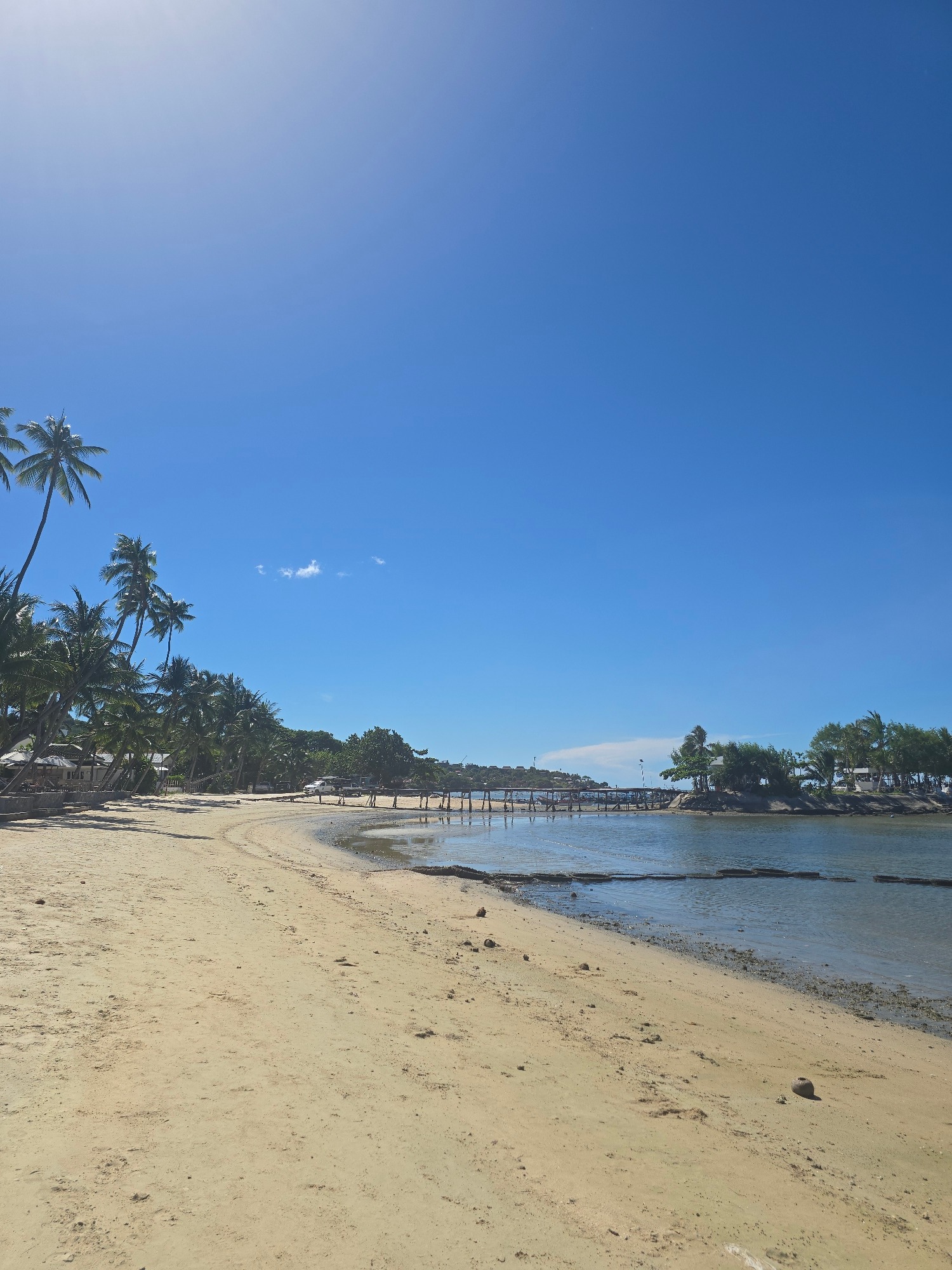 Sunny tropical beach with boats, palms, and beachside amenities