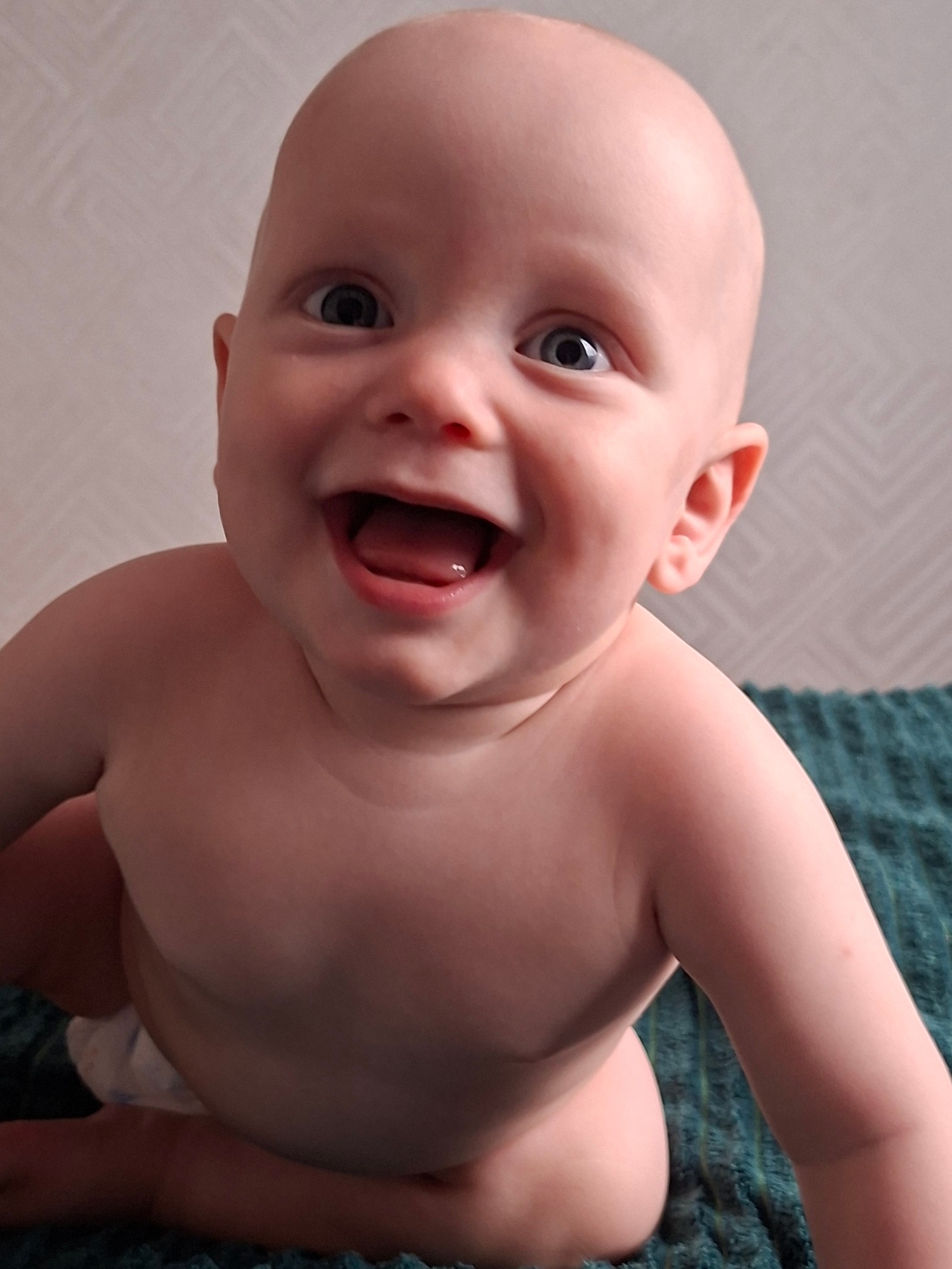 Bald baby portrait session on a dark green blanket