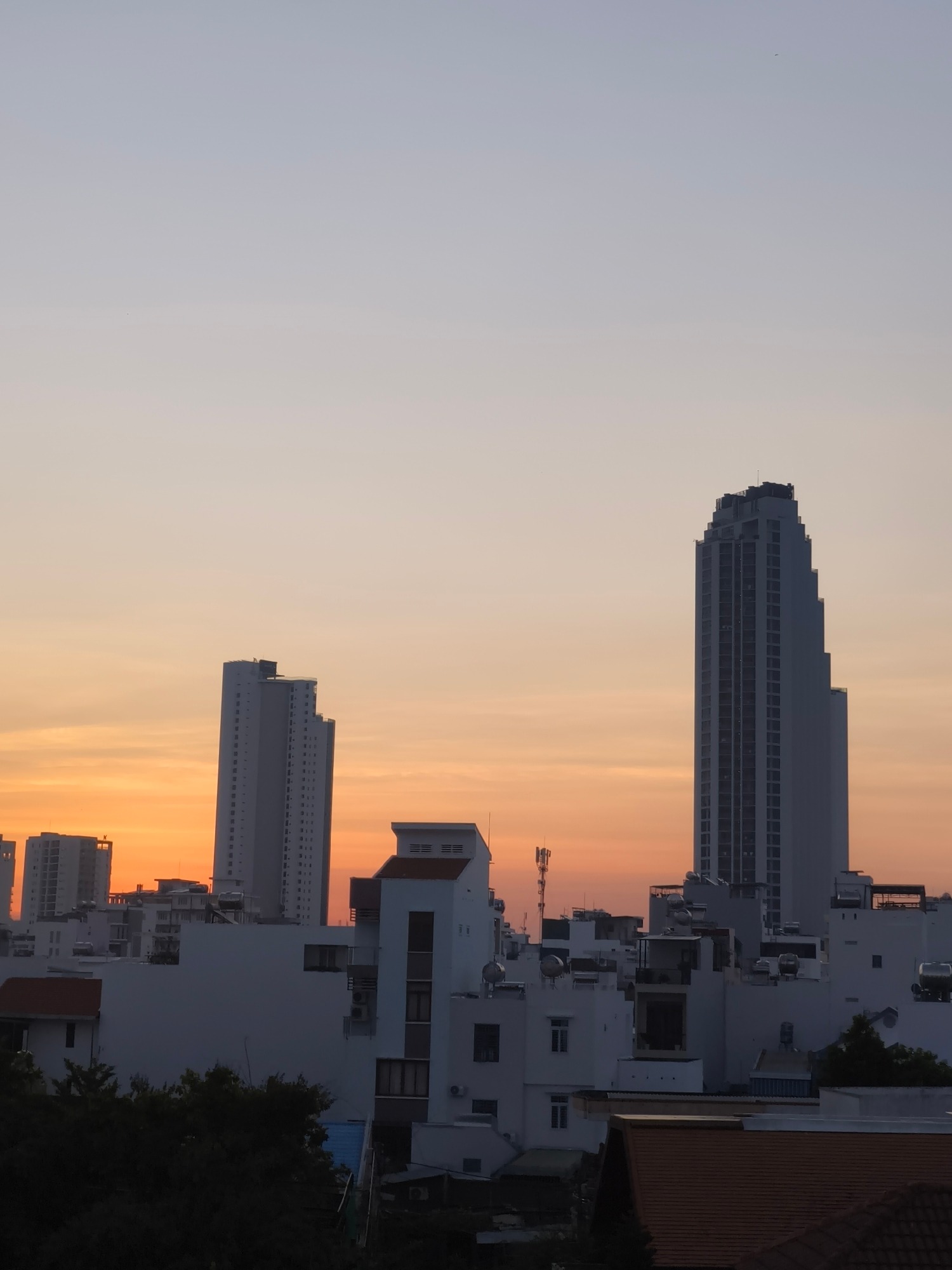 City skyline and rooftops at golden hour