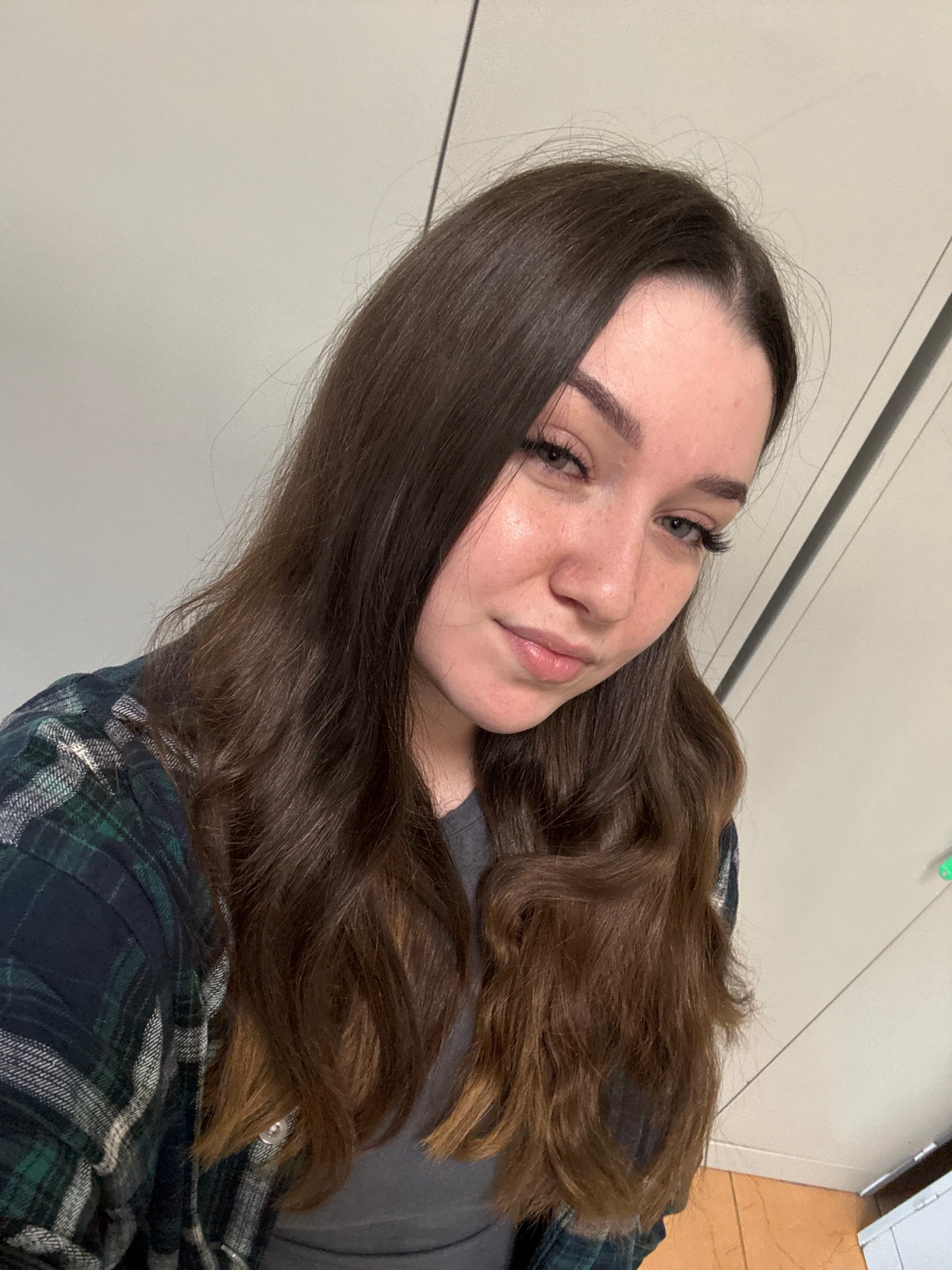 Casual locker room selfies, plaid flannel, one minute apart