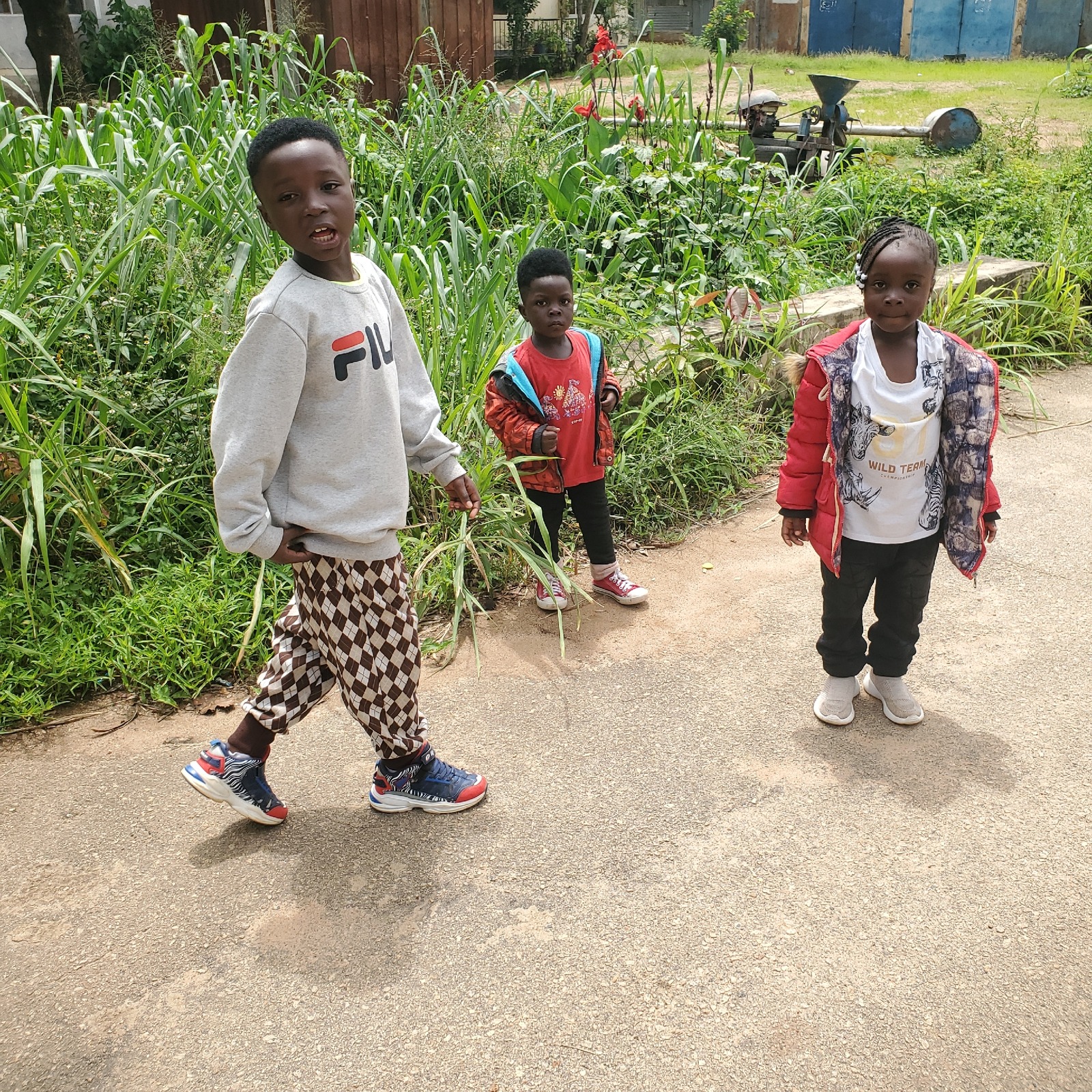 Kids drum, dance, and play in a sunny rural outdoor setting.
