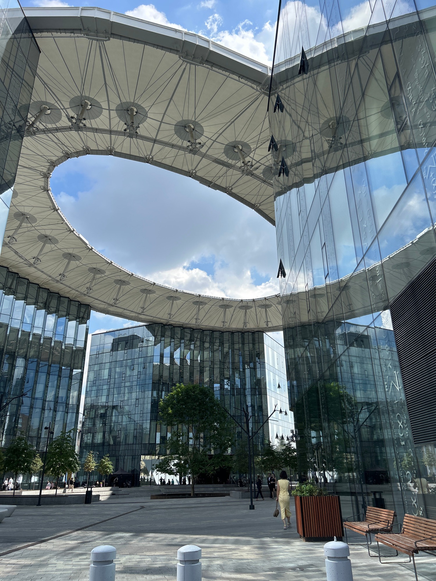 Glass towers and open plazas in a sleek urban complex