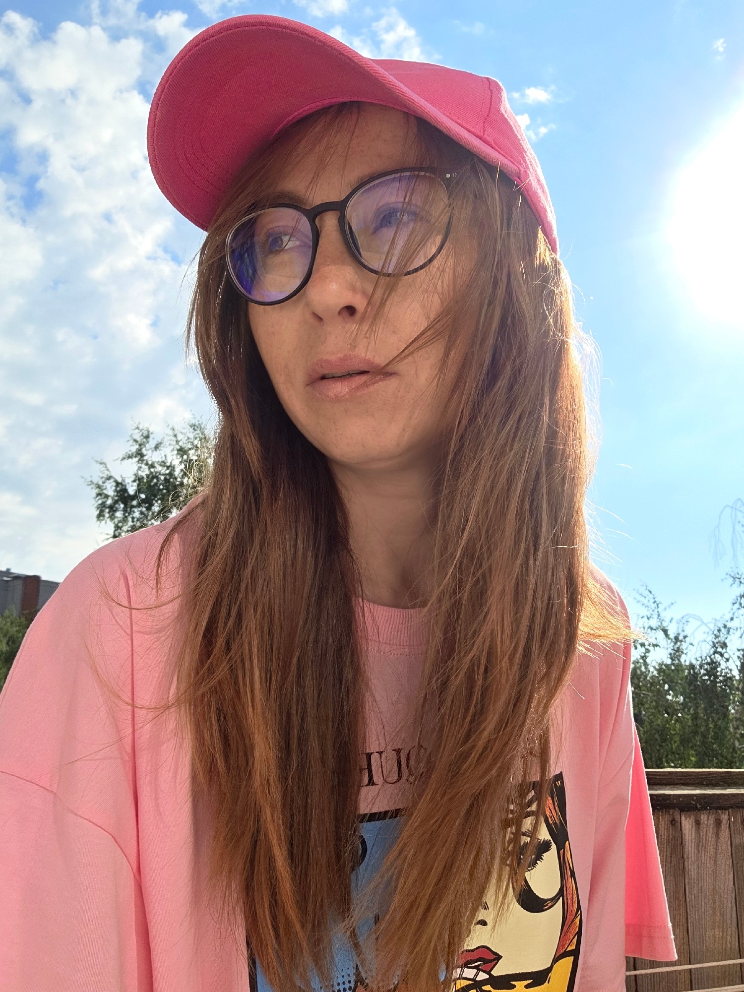 Casual afternoon selfie series, pink cap and graphic tee