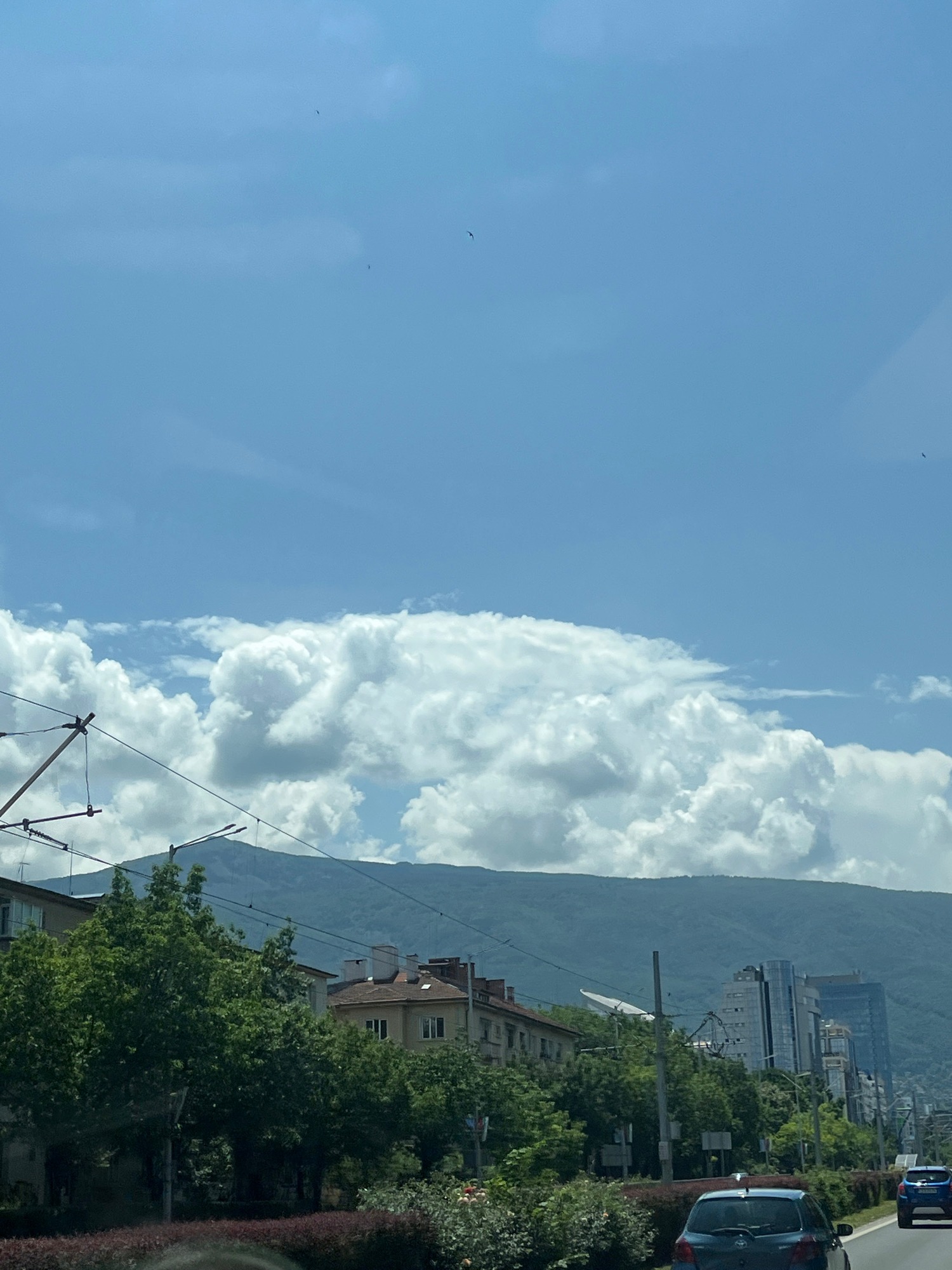 City skyline, towers, and construction on a clear morning