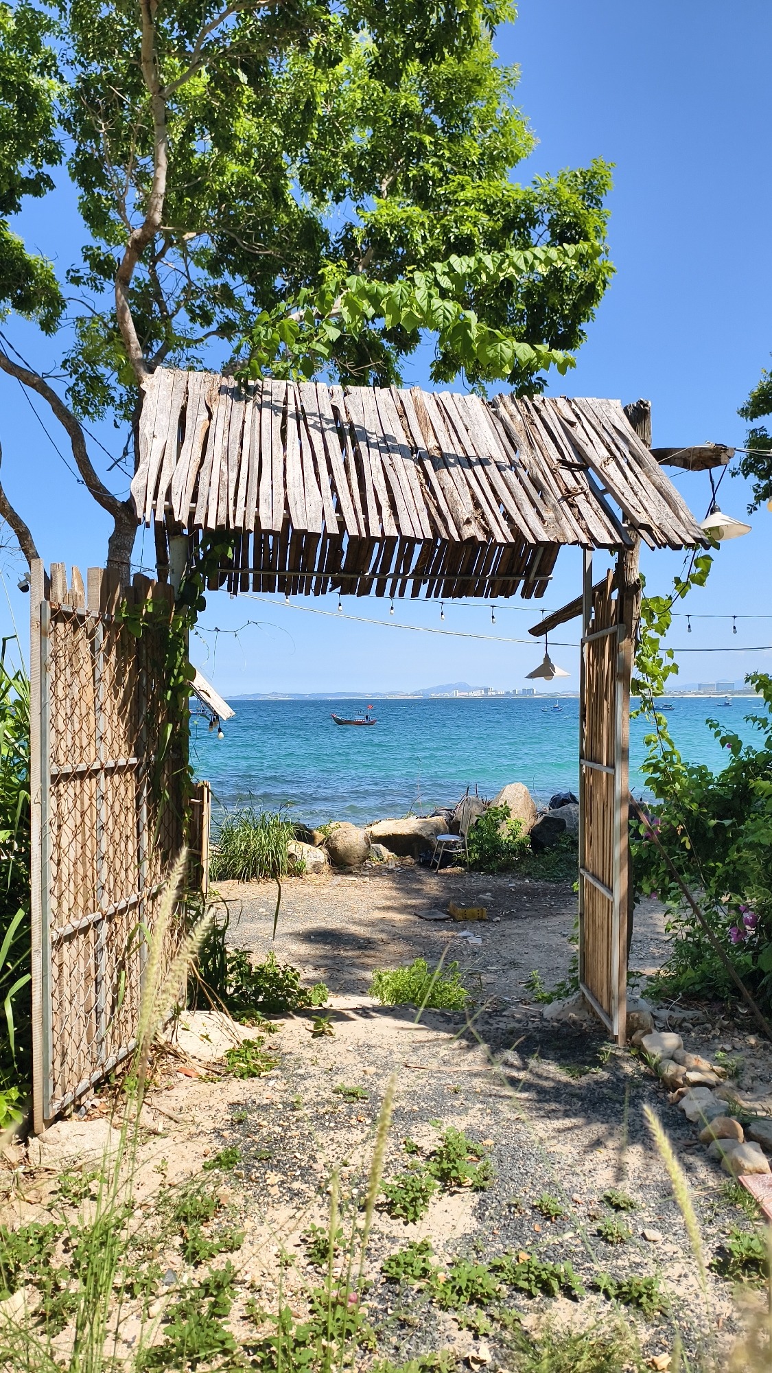 Quiet morning walk through a tropical beachside resort