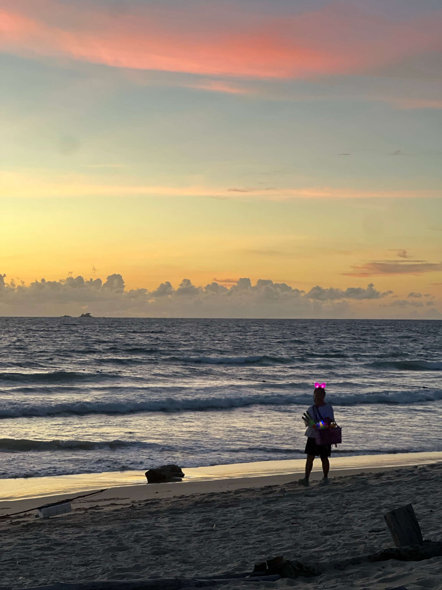 Beach at dusk: sunset skies, horses, and kids playing shoreside
