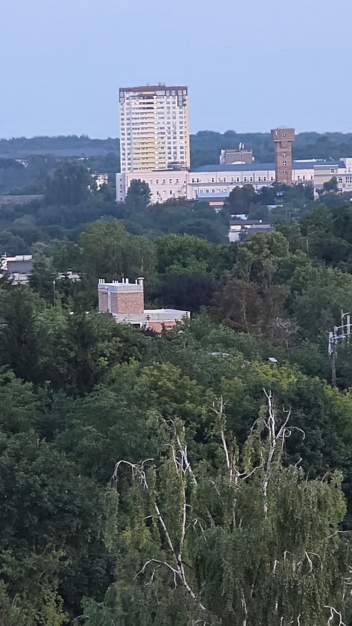 Elevated views across a residential urban neighborhood at dusk