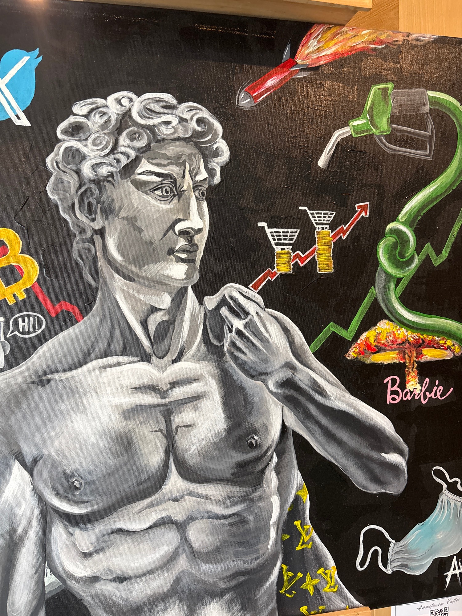 Classical-inspired painting of male figure observed at location