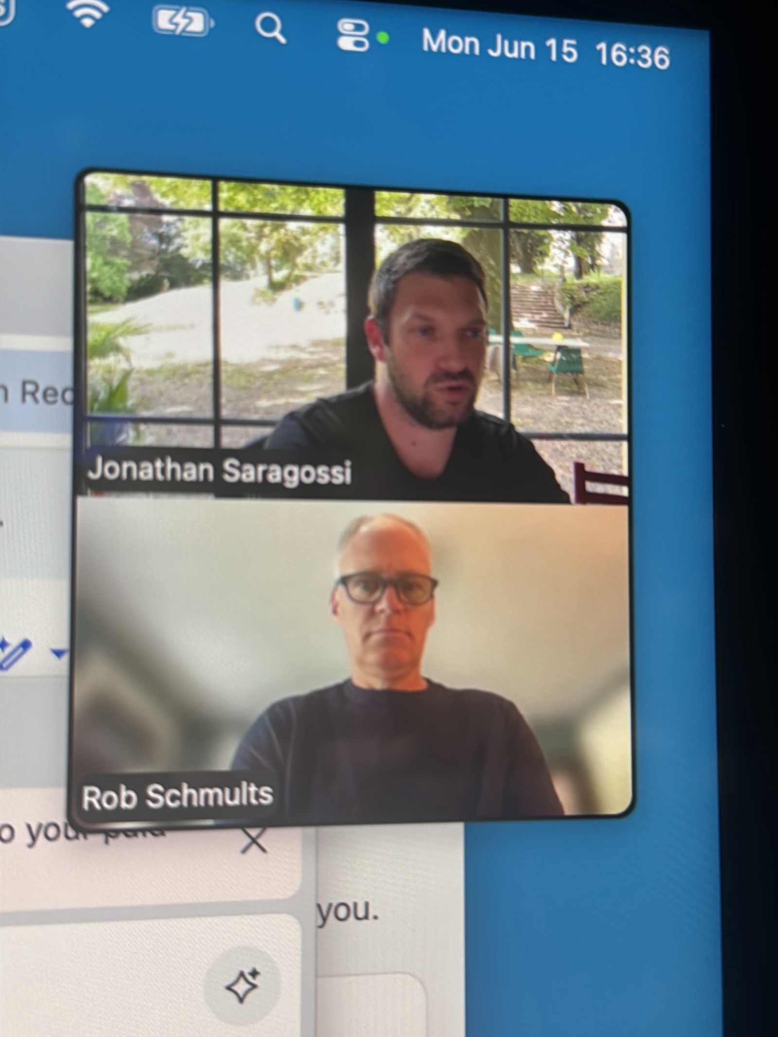 Video call between Jonathan Saragossi and Rob Schmults
