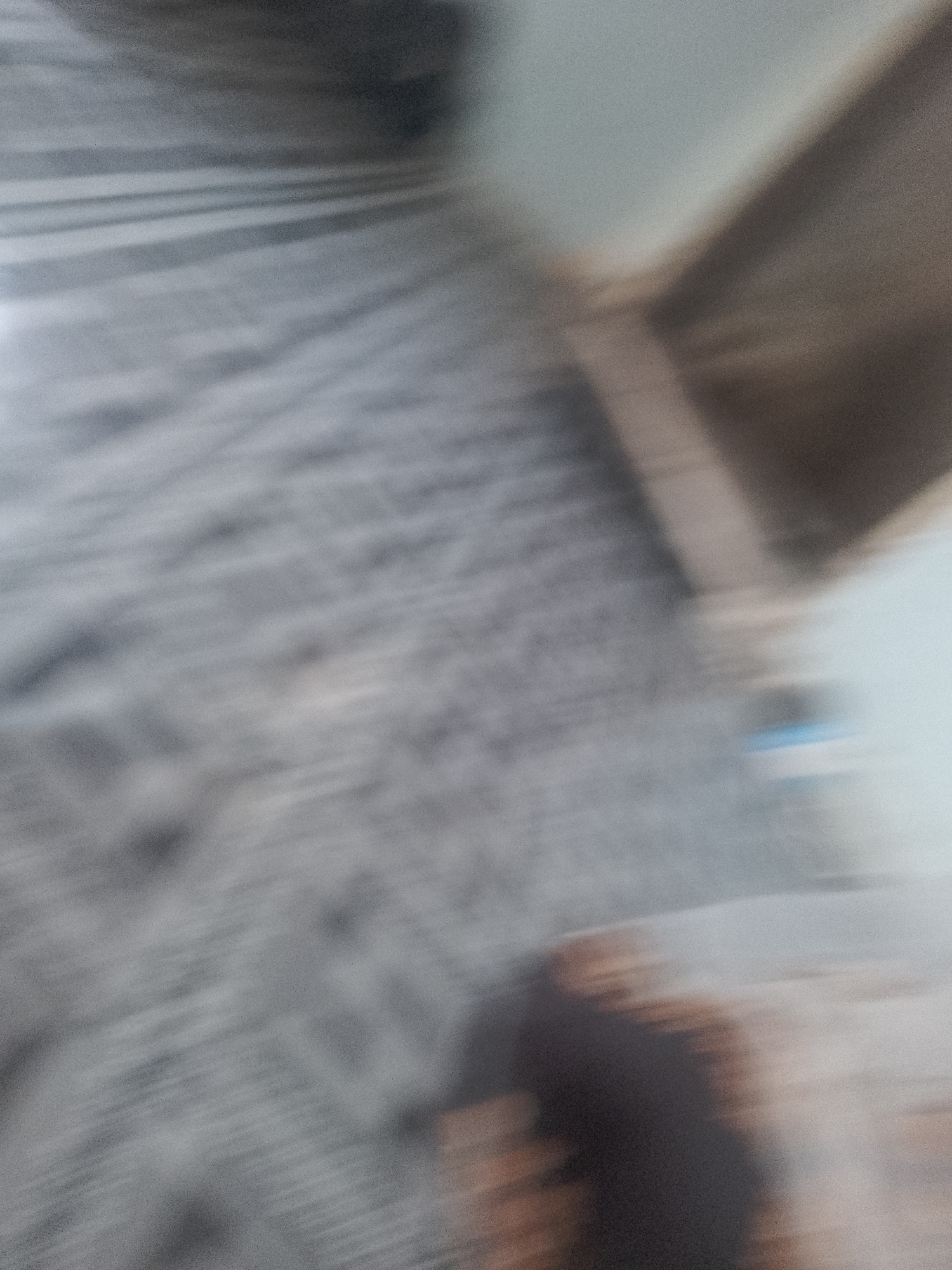 Personal belongings scattered across a patterned bedroom floor